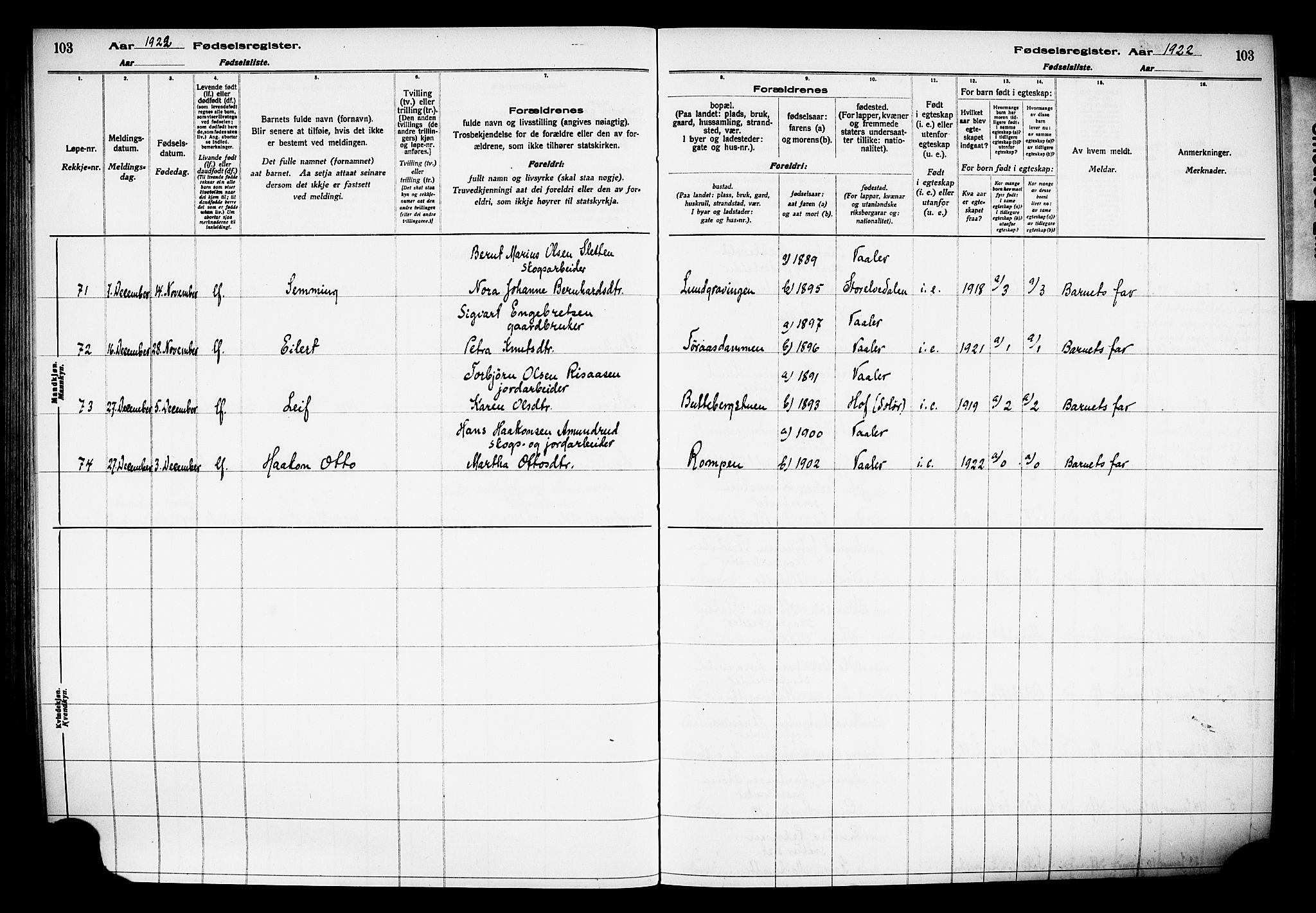 Våler prestekontor, Hedmark, AV/SAH-PREST-040/I/Id/L0001: Birth register no. 1, 1916-1930, p. 103