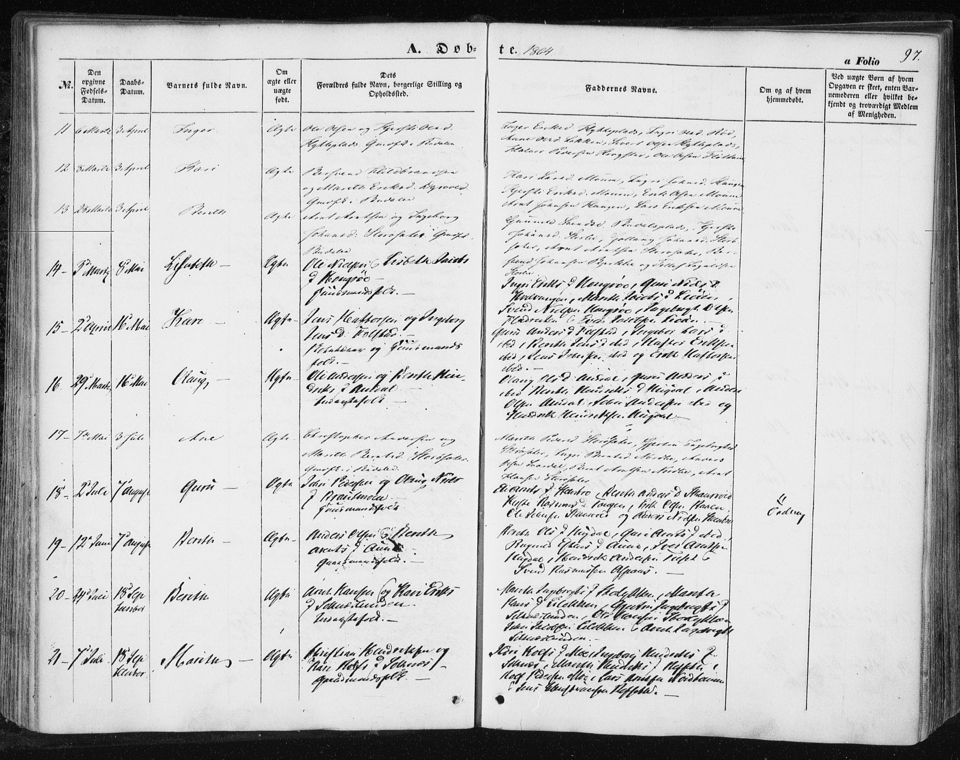 Ministerialprotokoller, klokkerbøker og fødselsregistre - Sør-Trøndelag, AV/SAT-A-1456/687/L1000: Parish register (official) no. 687A06, 1848-1869, p. 97