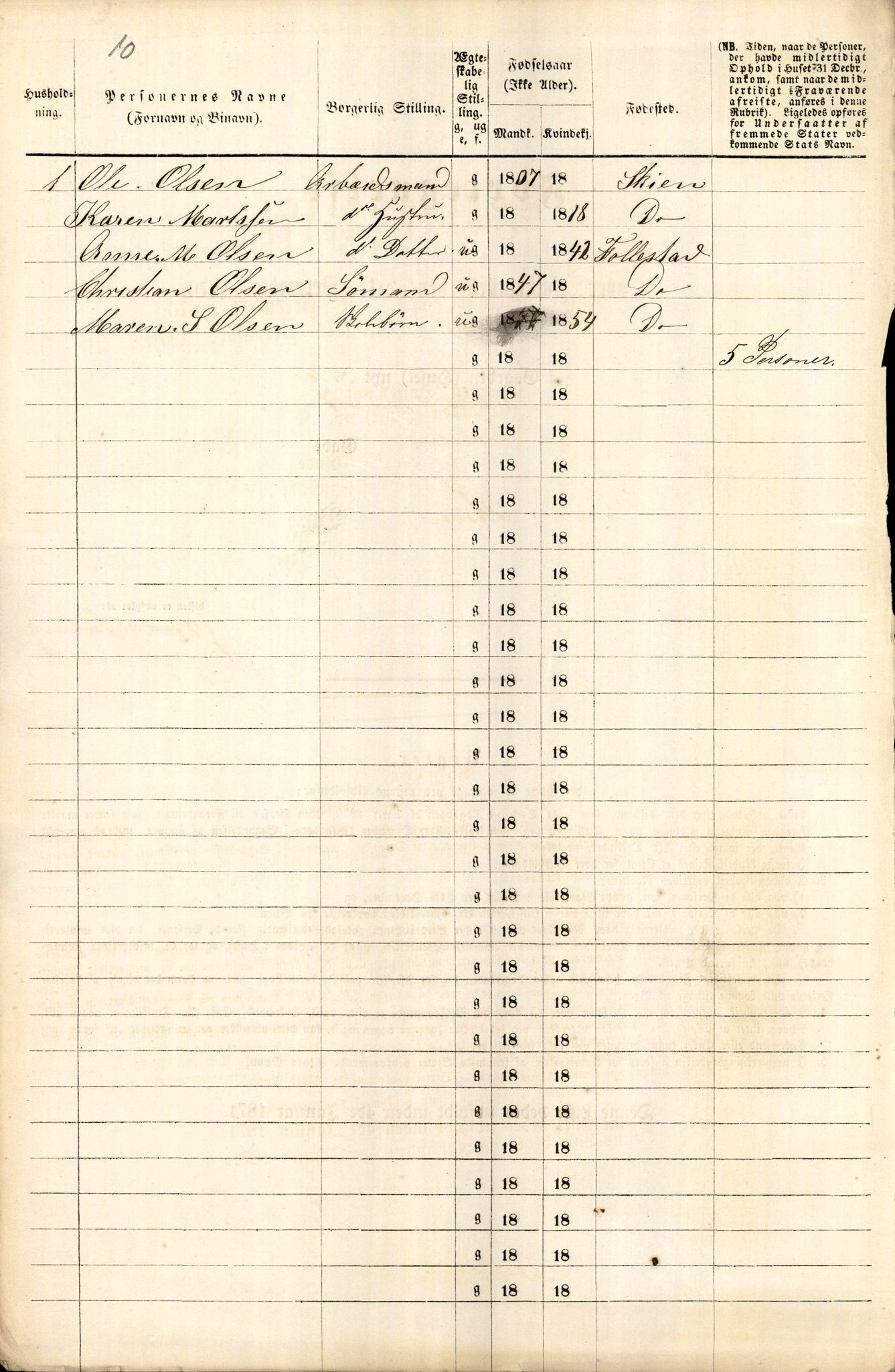 RA, 1870 census for 0806 Skien, 1870, p. 812