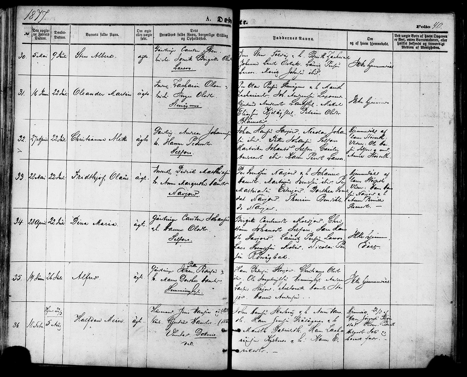 Ministerialprotokoller, klokkerbøker og fødselsregistre - Nordland, SAT/A-1459/846/L0645: Parish register (official) no. 846A03, 1872-1886, p. 40