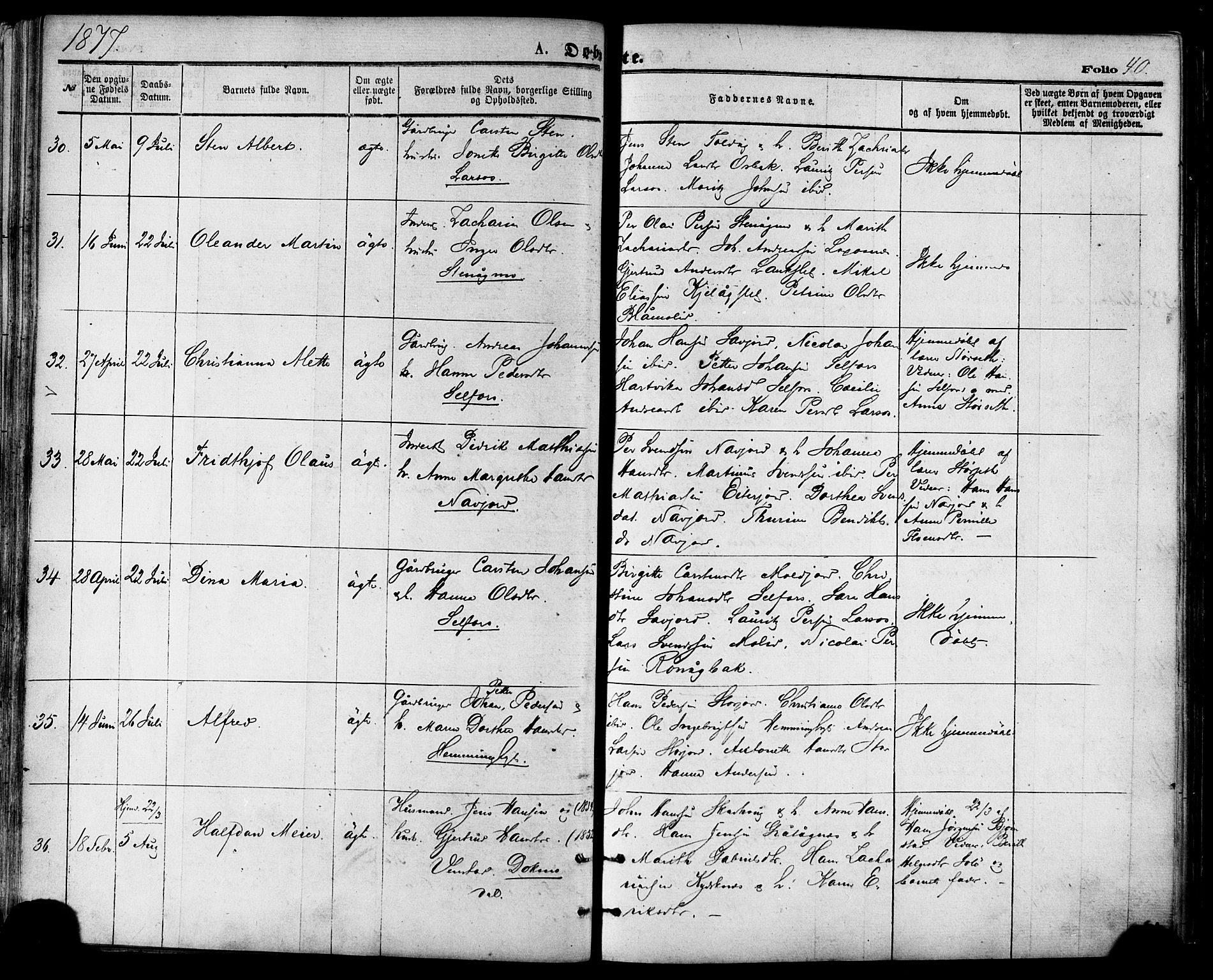 Ministerialprotokoller, klokkerbøker og fødselsregistre - Nordland, AV/SAT-A-1459/846/L0645: Parish register (official) no. 846A03, 1872-1886, p. 40