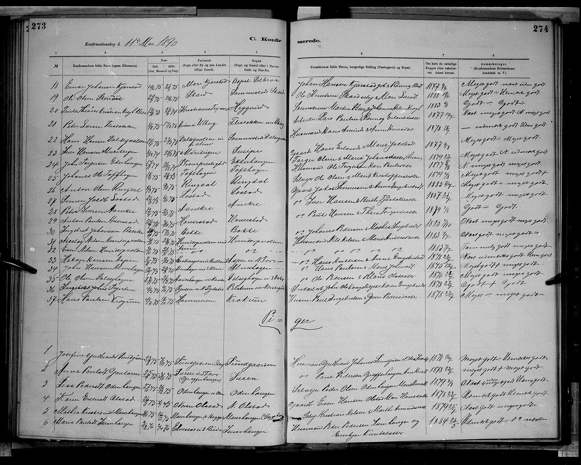 Sør-Fron prestekontor, SAH/PREST-010/H/Ha/Hab/L0003: Parish register (copy) no. 3, 1884-1896, p. 273-274