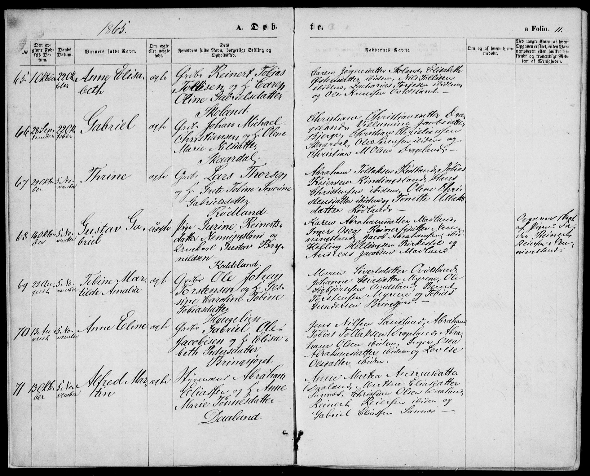Lyngdal sokneprestkontor, AV/SAK-1111-0029/F/Fa/Fac/L0010: Parish register (official) no. A 10, 1865-1878, p. 11