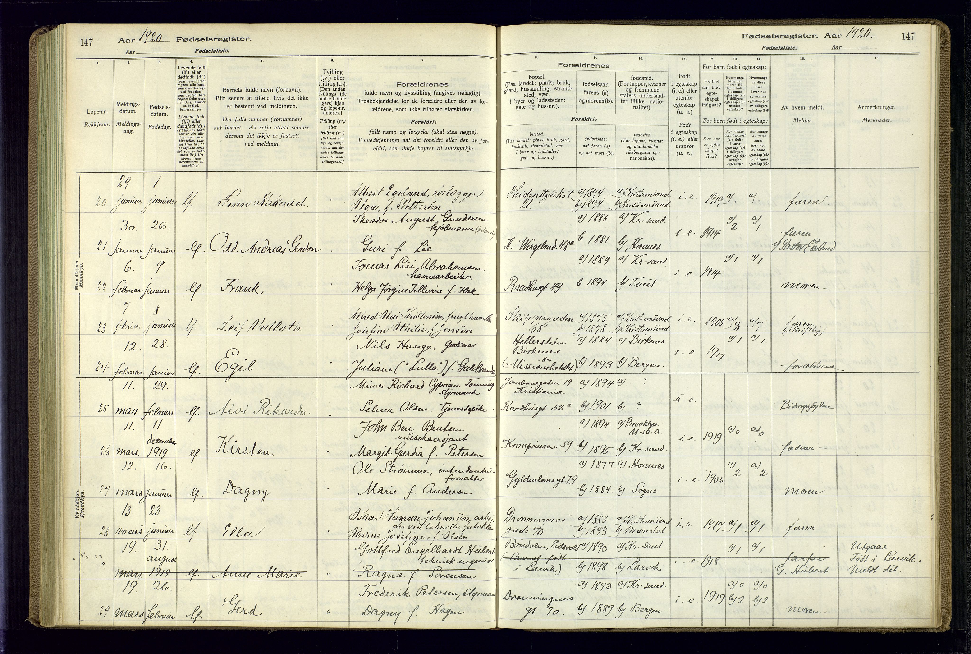 Kristiansand domprosti, AV/SAK-1112-0006/J/Jc/L0001: Birth register no. A-VI-45, 1916-1921, p. 147