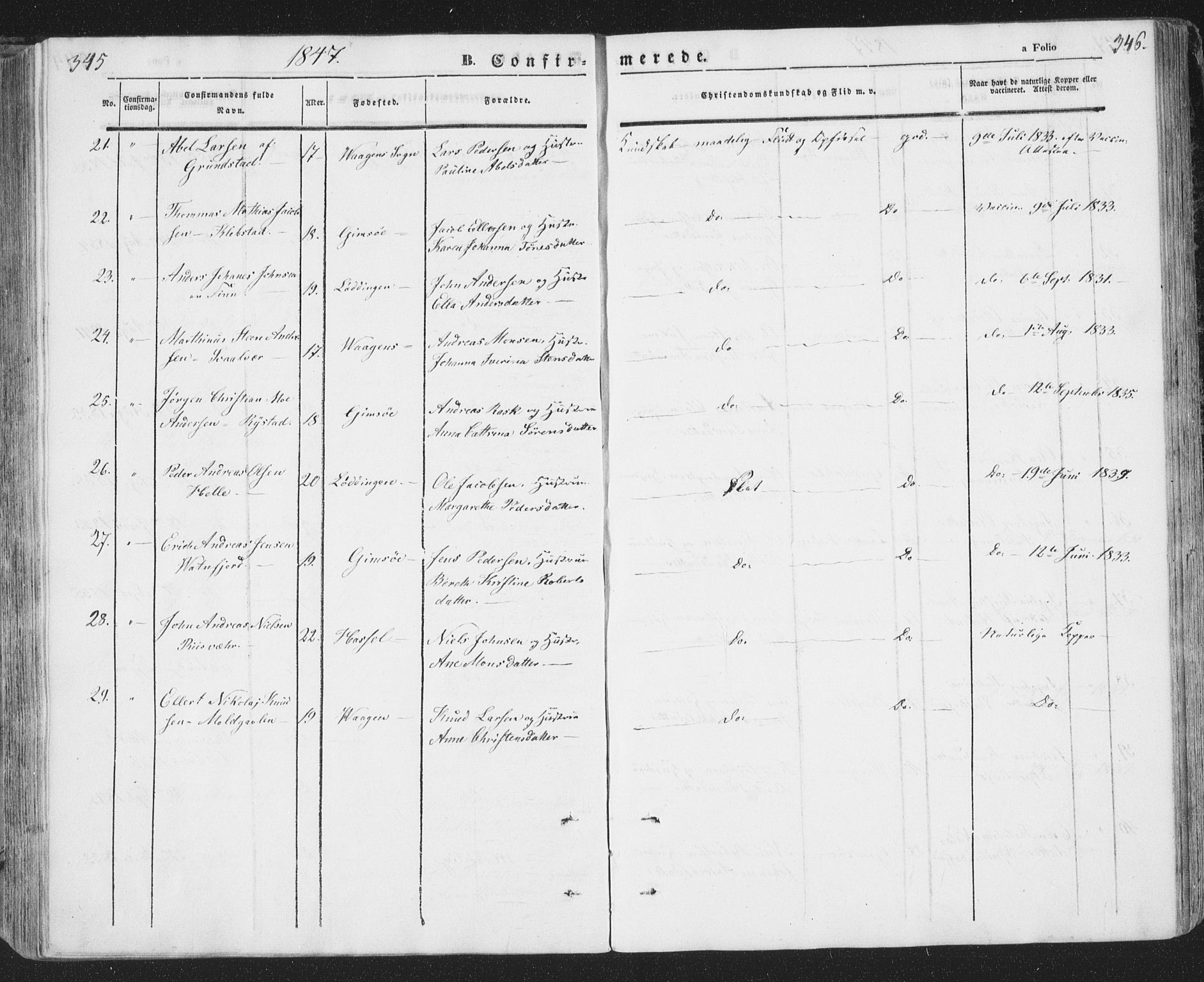 Ministerialprotokoller, klokkerbøker og fødselsregistre - Nordland, SAT/A-1459/874/L1072: Parish register (copy) no. 874C01, 1843-1859, p. 345-346