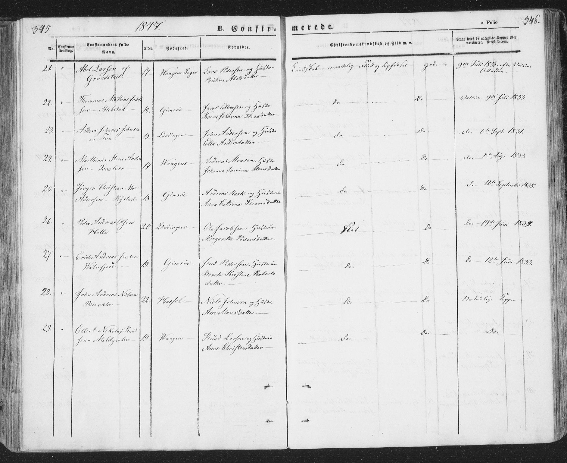 Ministerialprotokoller, klokkerbøker og fødselsregistre - Nordland, AV/SAT-A-1459/874/L1072: Parish register (copy) no. 874C01, 1843-1859, p. 345-346