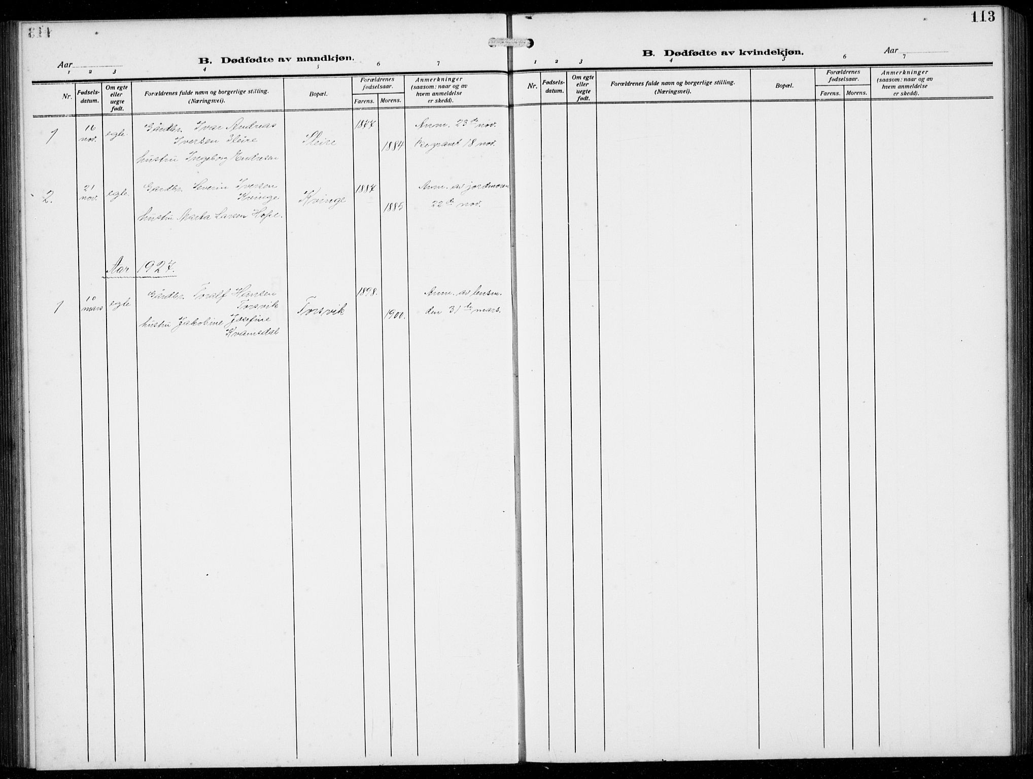 Masfjorden Sokneprestembete, AV/SAB-A-77001: Parish register (copy) no. B  2, 1912-1939, p. 113