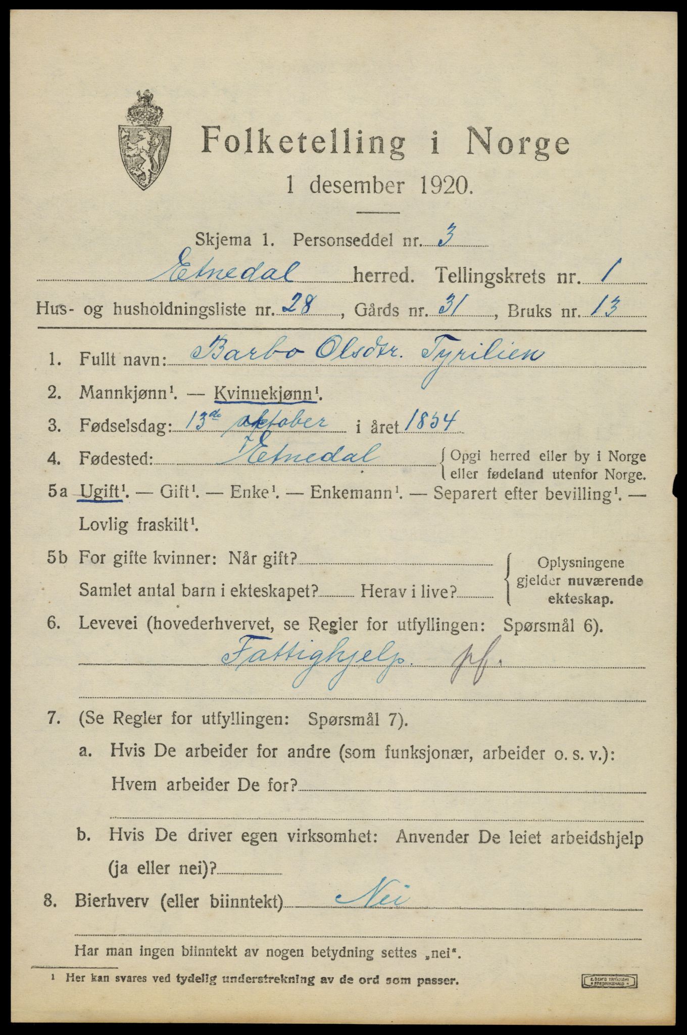 SAH, 1920 census for Etnedal, 1920, p. 1042