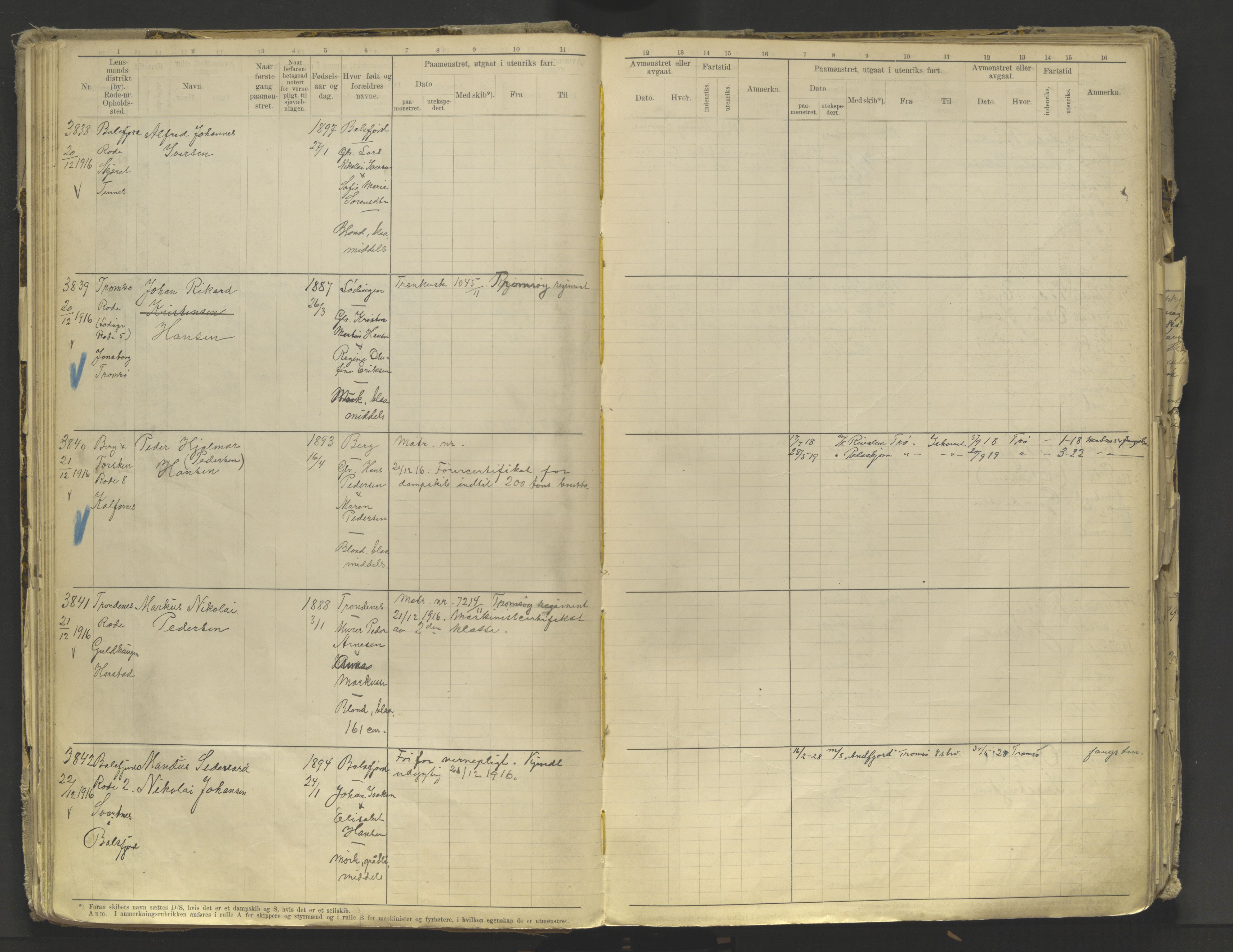 Tromsø sjømannskontor/innrullerings-/mønstringsdistrikt, AV/SATØ-S-0243/F/Fb/L0010: Annotasjonsrulle. Defekt: løs innbinding. Nr. 3519-4972, 1916-1920