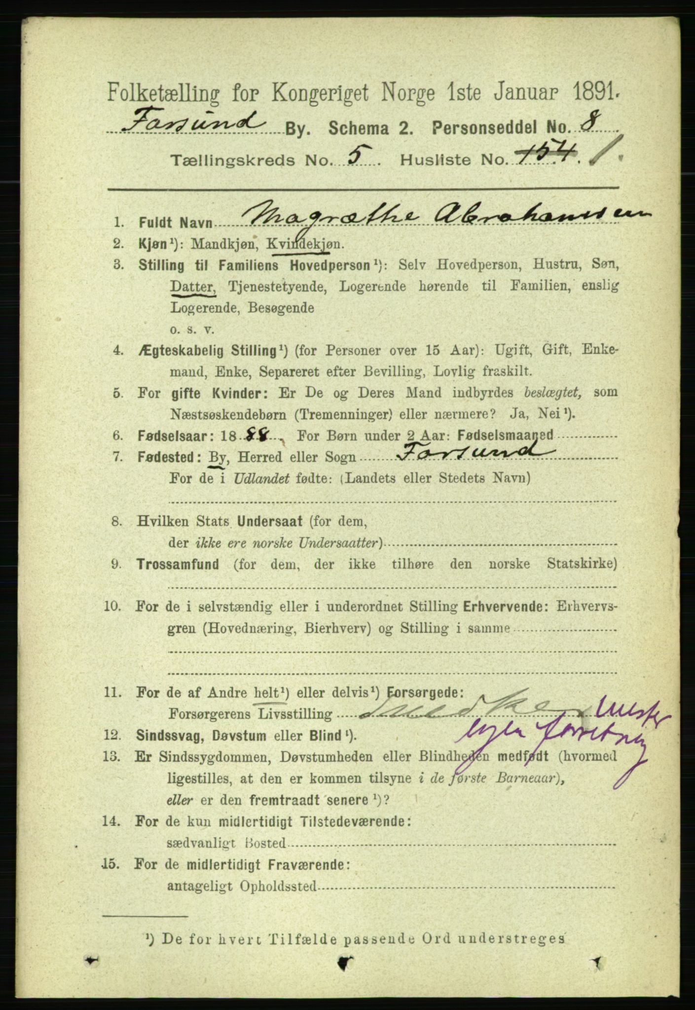 RA, 1891 census for 1003 Farsund, 1891, p. 1953