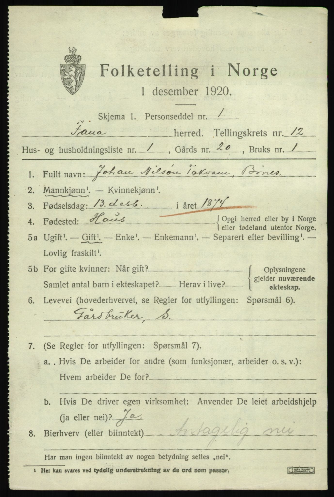 SAB, 1920 census for Fana, 1920, p. 18645