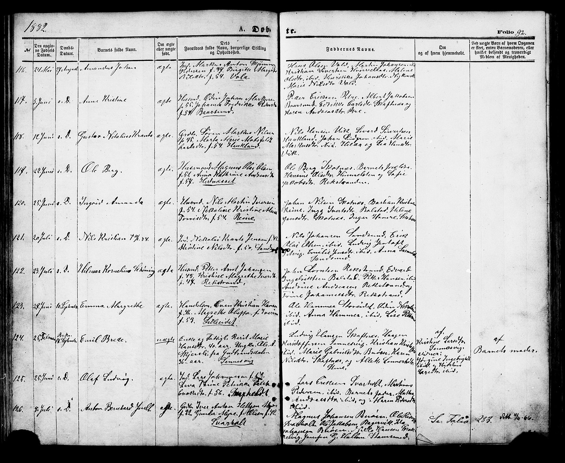 Ministerialprotokoller, klokkerbøker og fødselsregistre - Nordland, AV/SAT-A-1459/881/L1166: Parish register (copy) no. 881C03, 1876-1885, p. 92