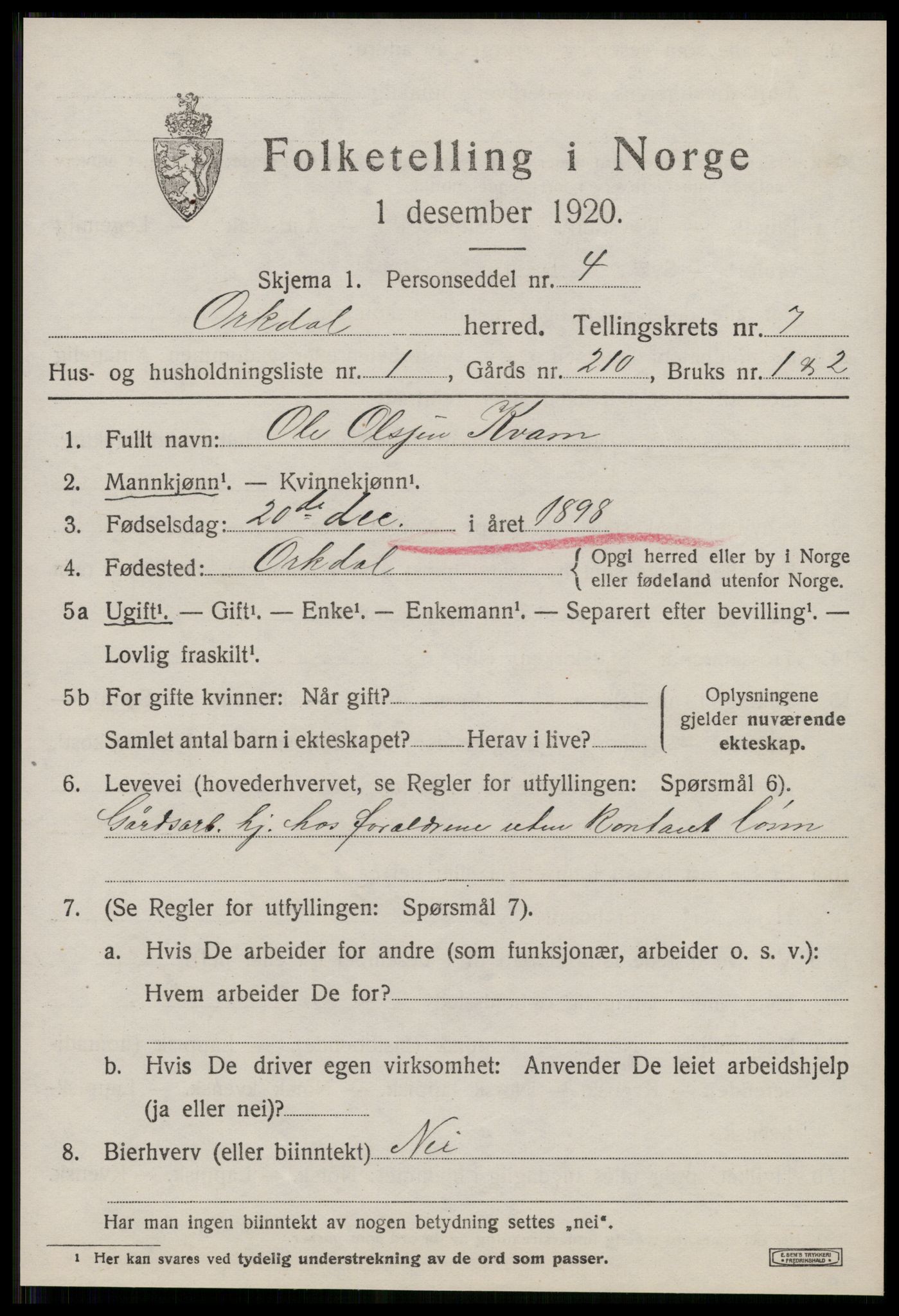 SAT, 1920 census for Orkdal, 1920, p. 5820