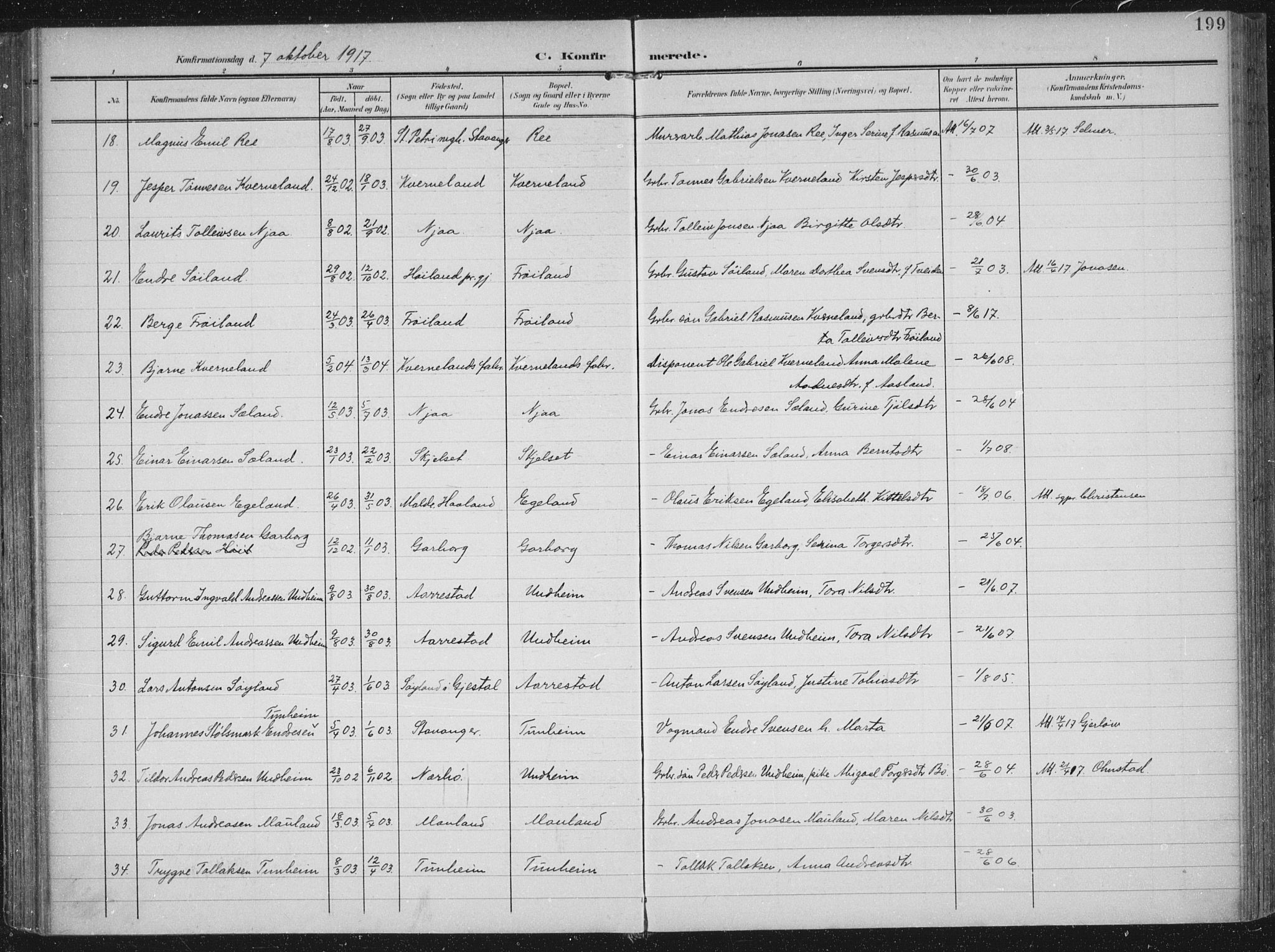 Lye sokneprestkontor, AV/SAST-A-101794/002/A/L0001: Parish register (official) no. A 12, 1904-1920, p. 199