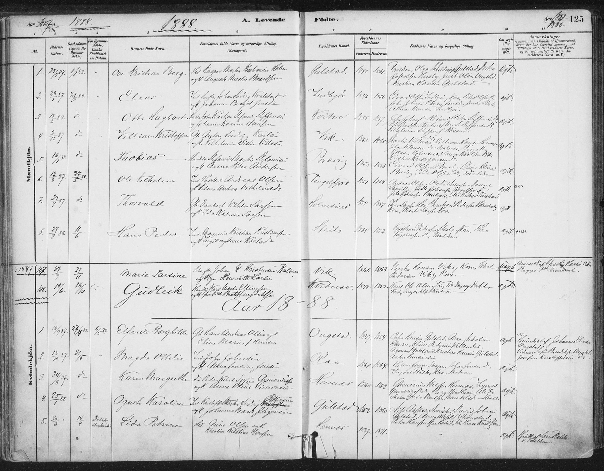 Ministerialprotokoller, klokkerbøker og fødselsregistre - Nordland, SAT/A-1459/888/L1244: Parish register (official) no. 888A10, 1880-1890, p. 125