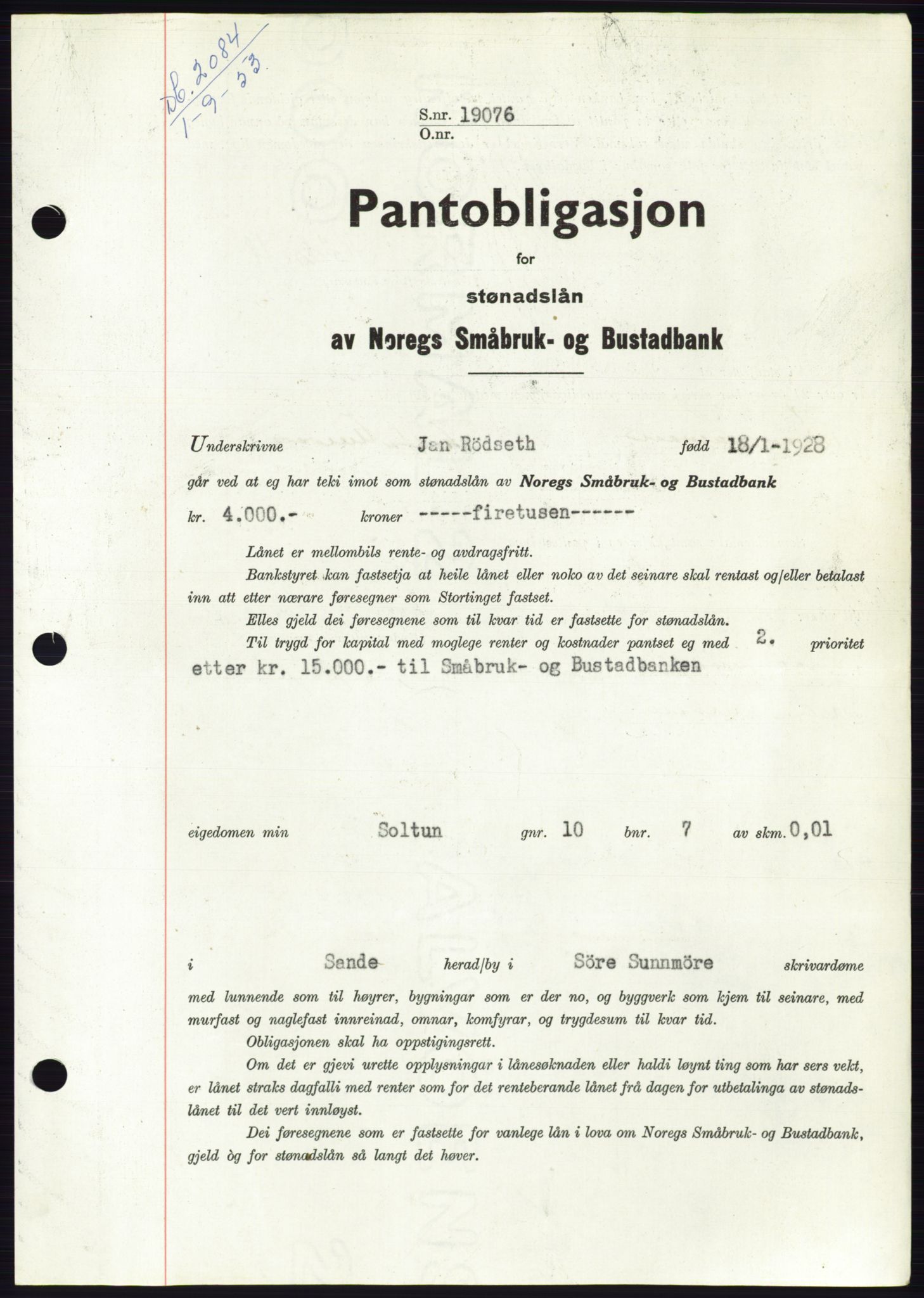 Søre Sunnmøre sorenskriveri, AV/SAT-A-4122/1/2/2C/L0123: Mortgage book no. 11B, 1953-1953, Diary no: : 2084/1953