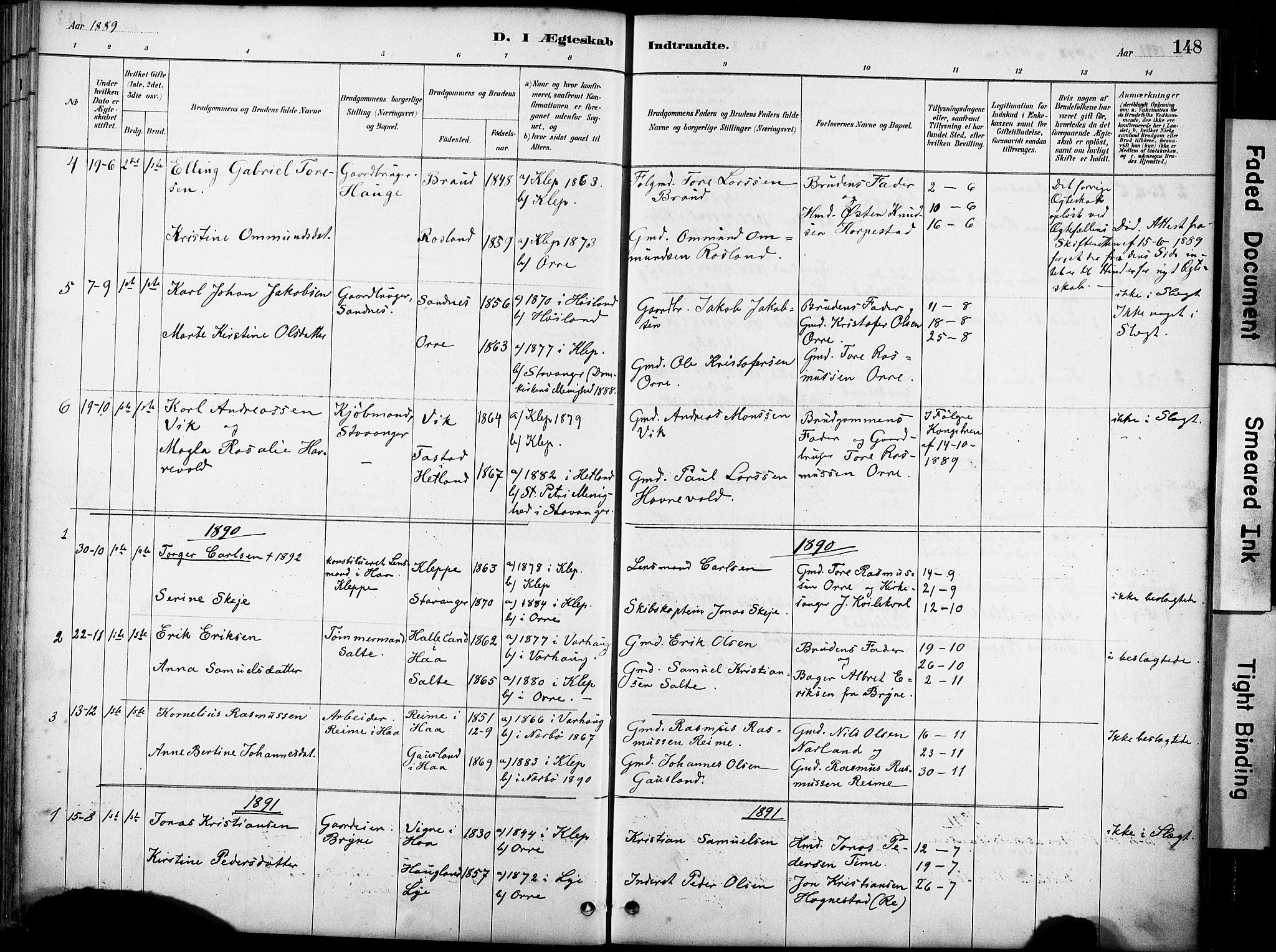 Klepp sokneprestkontor, AV/SAST-A-101803/001/3/30BA/L0007: Parish register (official) no. A 8, 1886-1912, p. 148