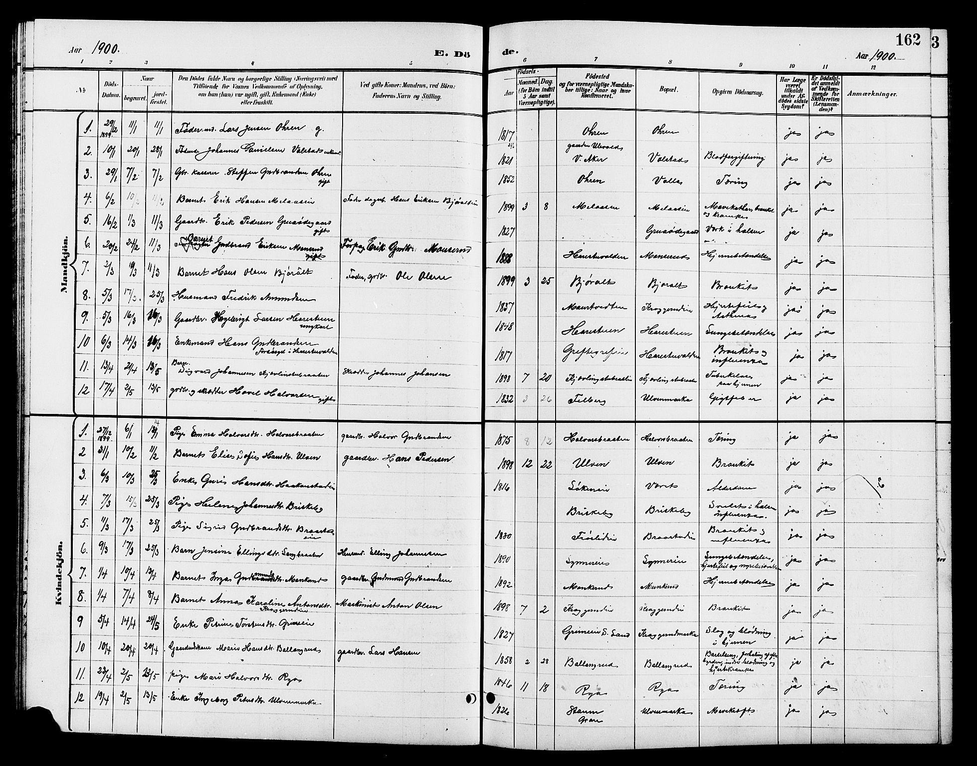 Jevnaker prestekontor, SAH/PREST-116/H/Ha/Hab/L0003: Parish register (copy) no. 3, 1896-1909, p. 162