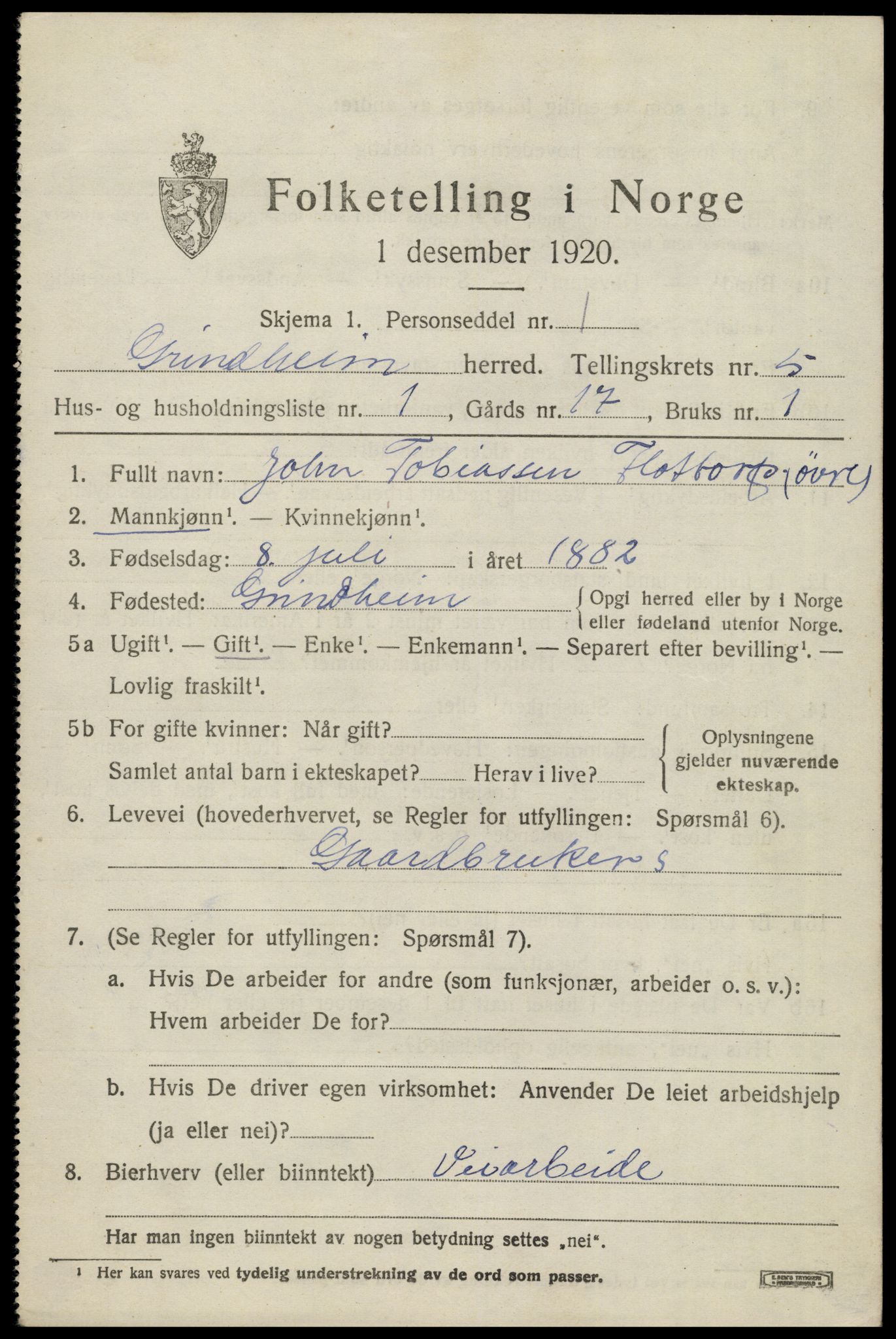 SAK, 1920 census for Grindheim, 1920, p. 1603