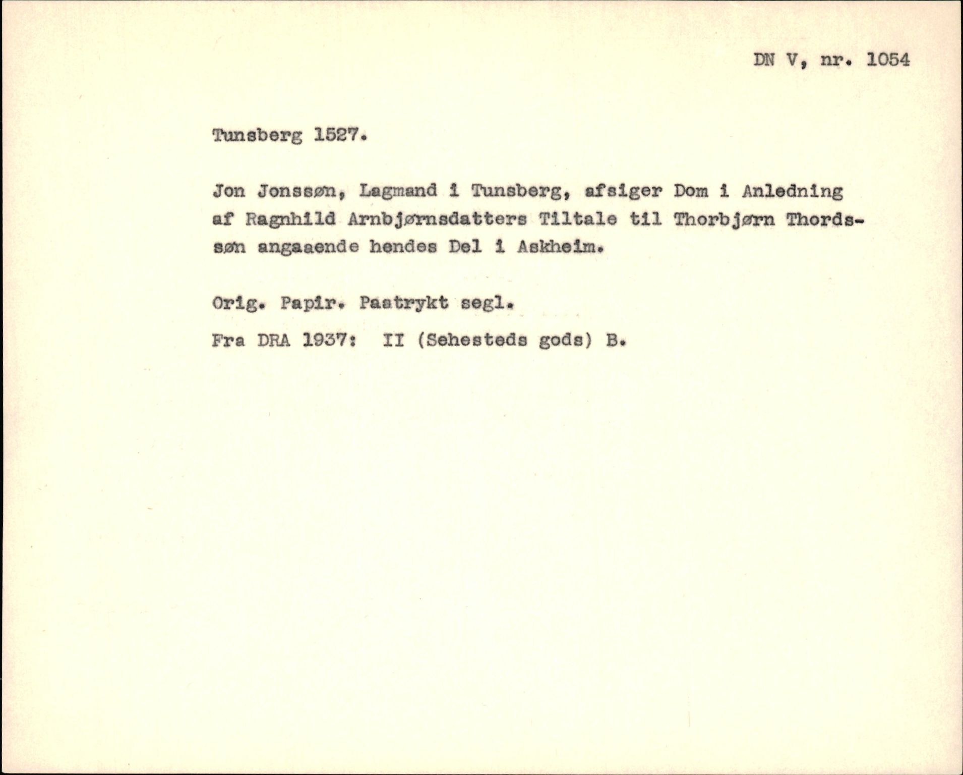 Riksarkivets diplomsamling, AV/RA-EA-5965/F35/F35f/L0001: Regestsedler: Diplomer fra DRA 1937 og 1996, p. 505