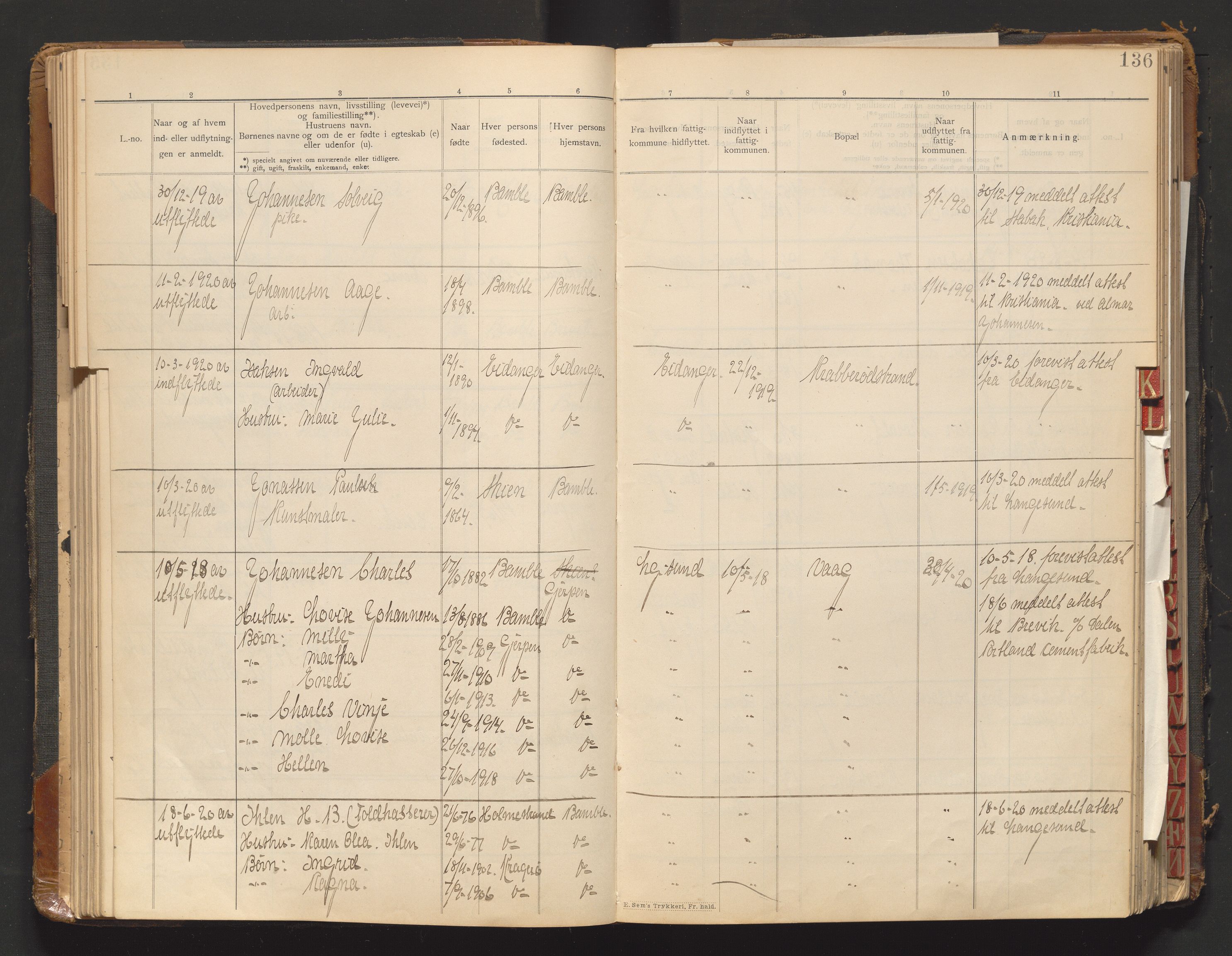 Bamble lensmannskontor, AV/SAKO-A-552/O/Oa/L0001: Protokoll over inn- og utflyttede - Bamble, 1901-1933, p. 136