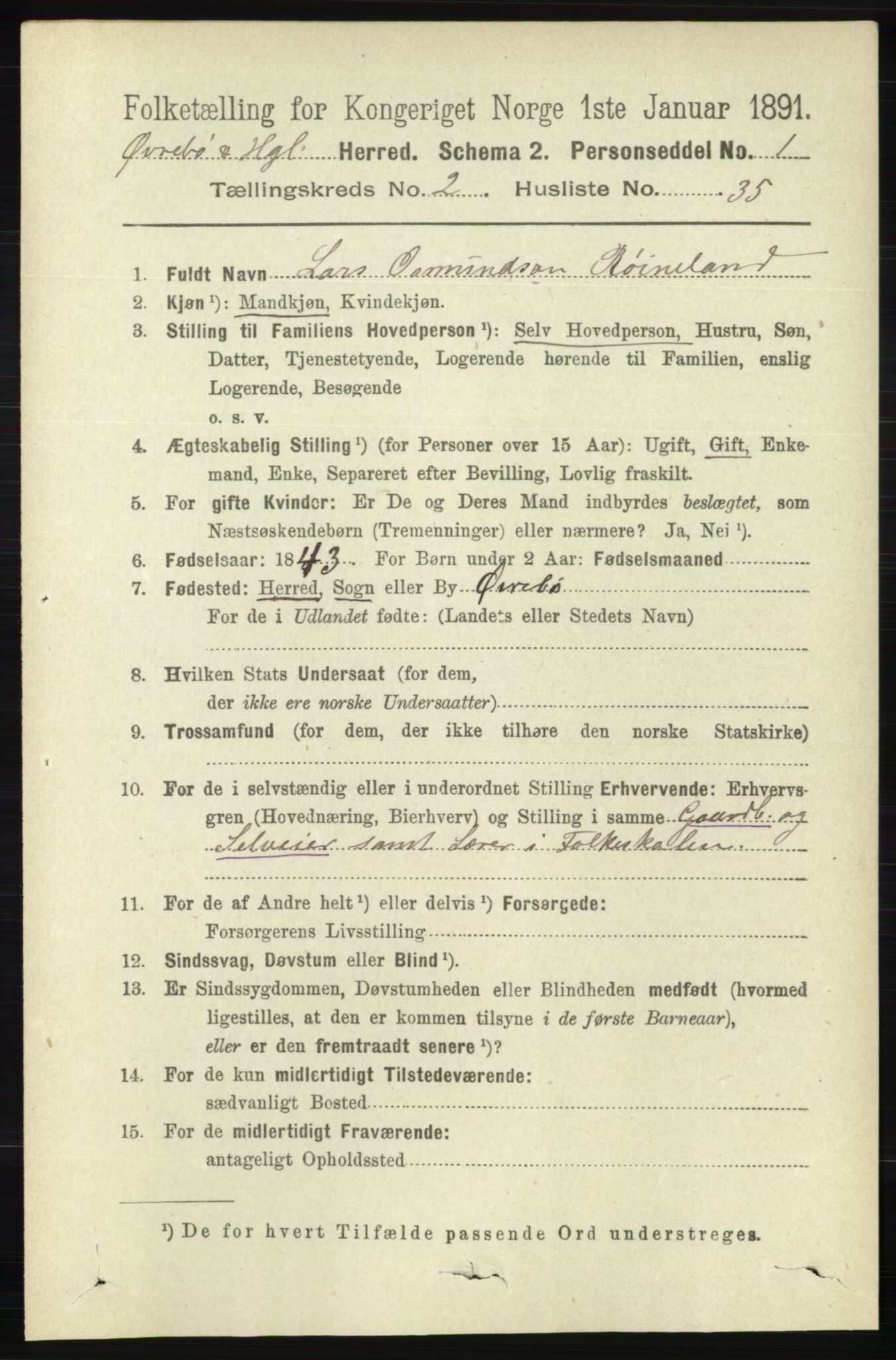 RA, 1891 census for 1016 Øvrebø og Hægeland, 1891, p. 491