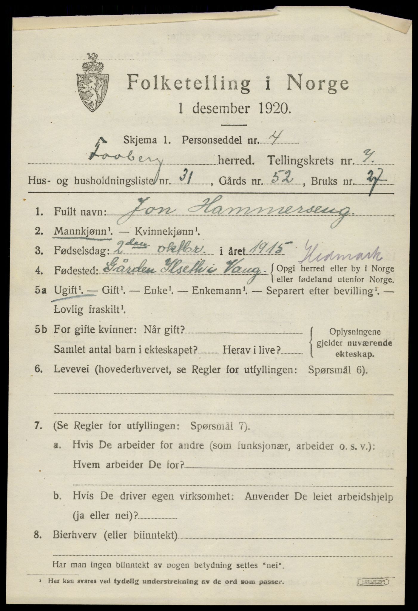SAH, 1920 census for Fåberg, 1920, p. 8390
