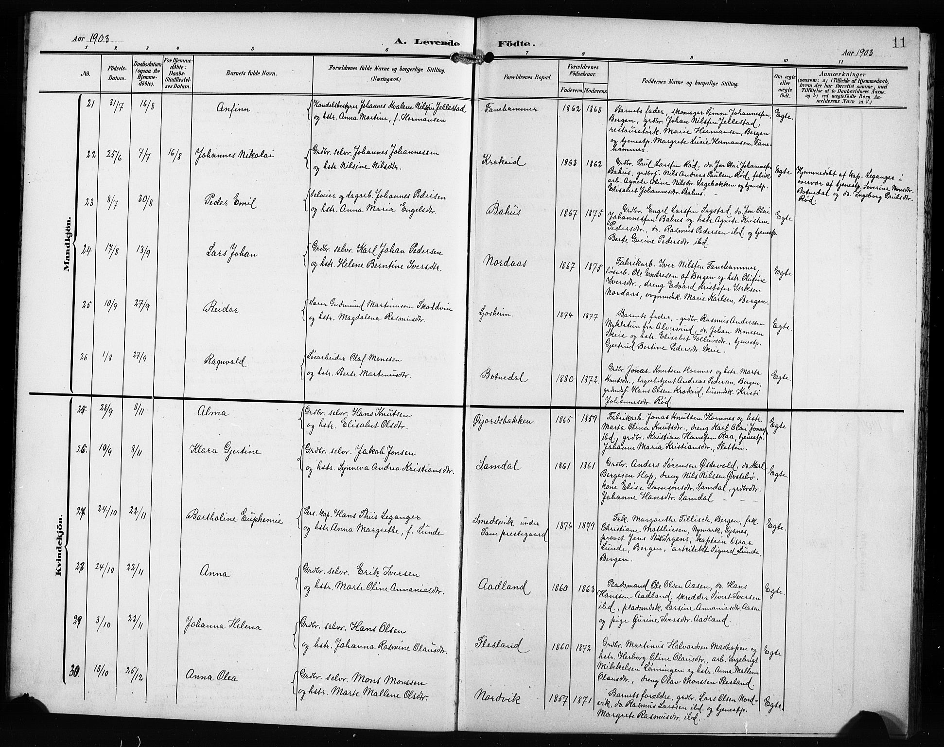 Fana Sokneprestembete, AV/SAB-A-75101/H/Hab/Haba/L0004: Parish register (copy) no. A 4, 1902-1912, p. 11