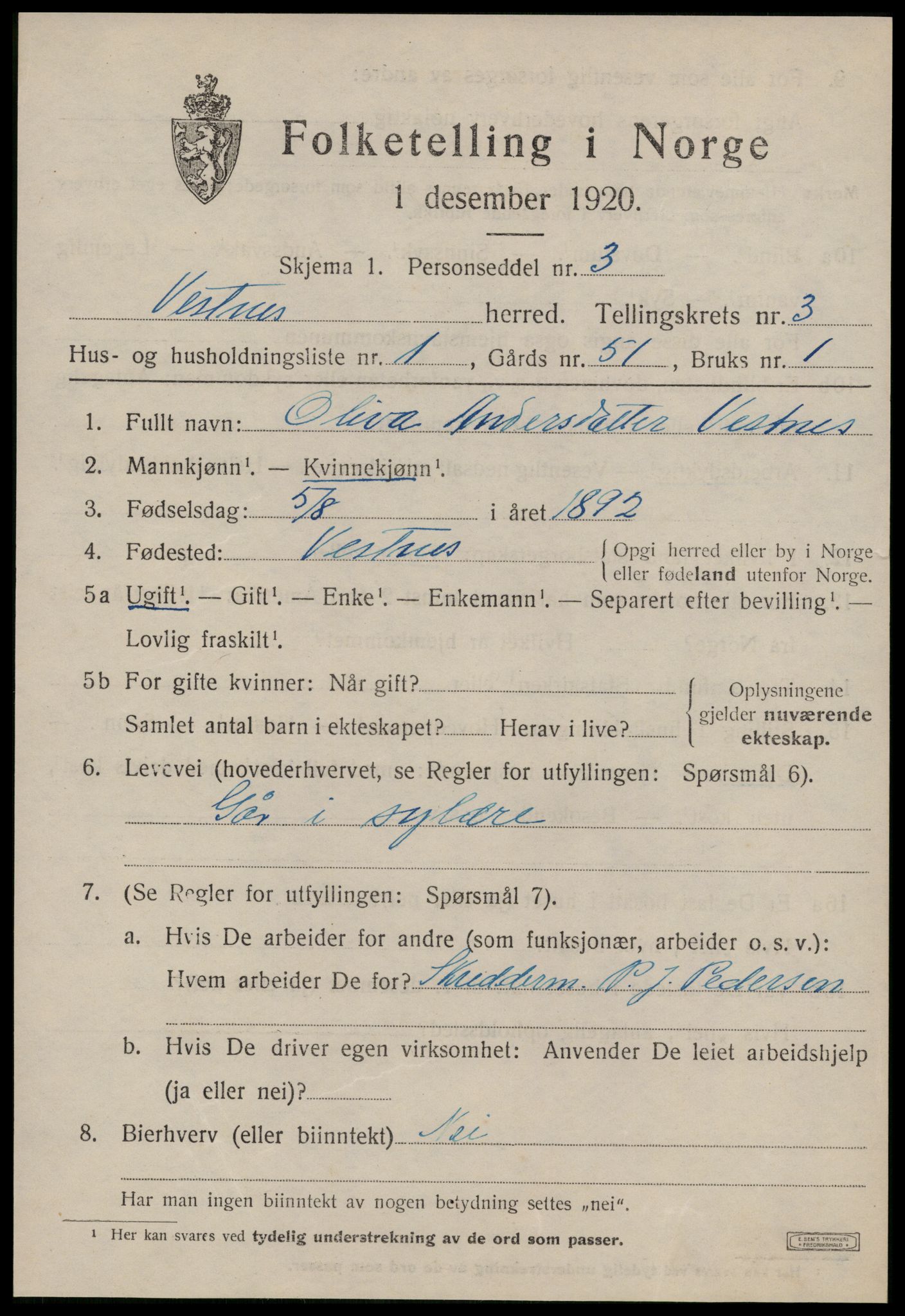 SAT, 1920 census for Vestnes, 1920, p. 2681