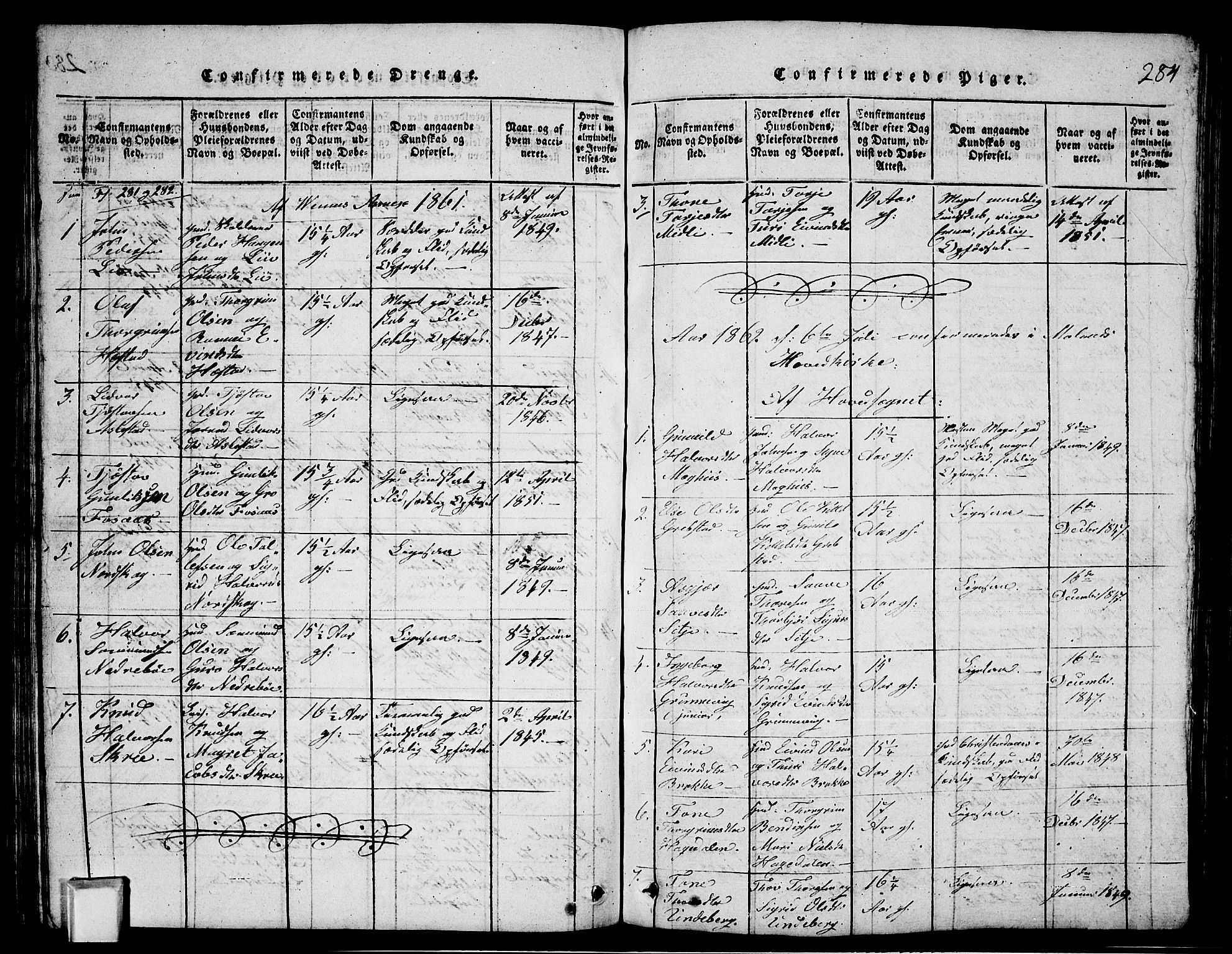 Fyresdal kirkebøker, SAKO/A-263/G/Ga/L0003: Parish register (copy) no. I 3, 1815-1863, p. 284