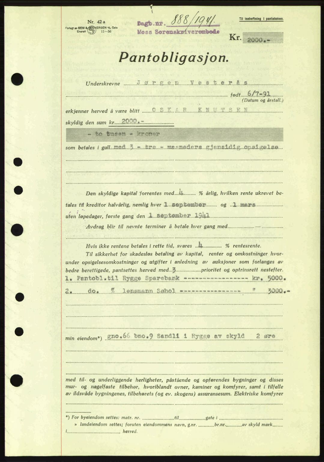 Moss sorenskriveri, SAO/A-10168: Mortgage book no. B10, 1940-1941, Diary no: : 888/1941