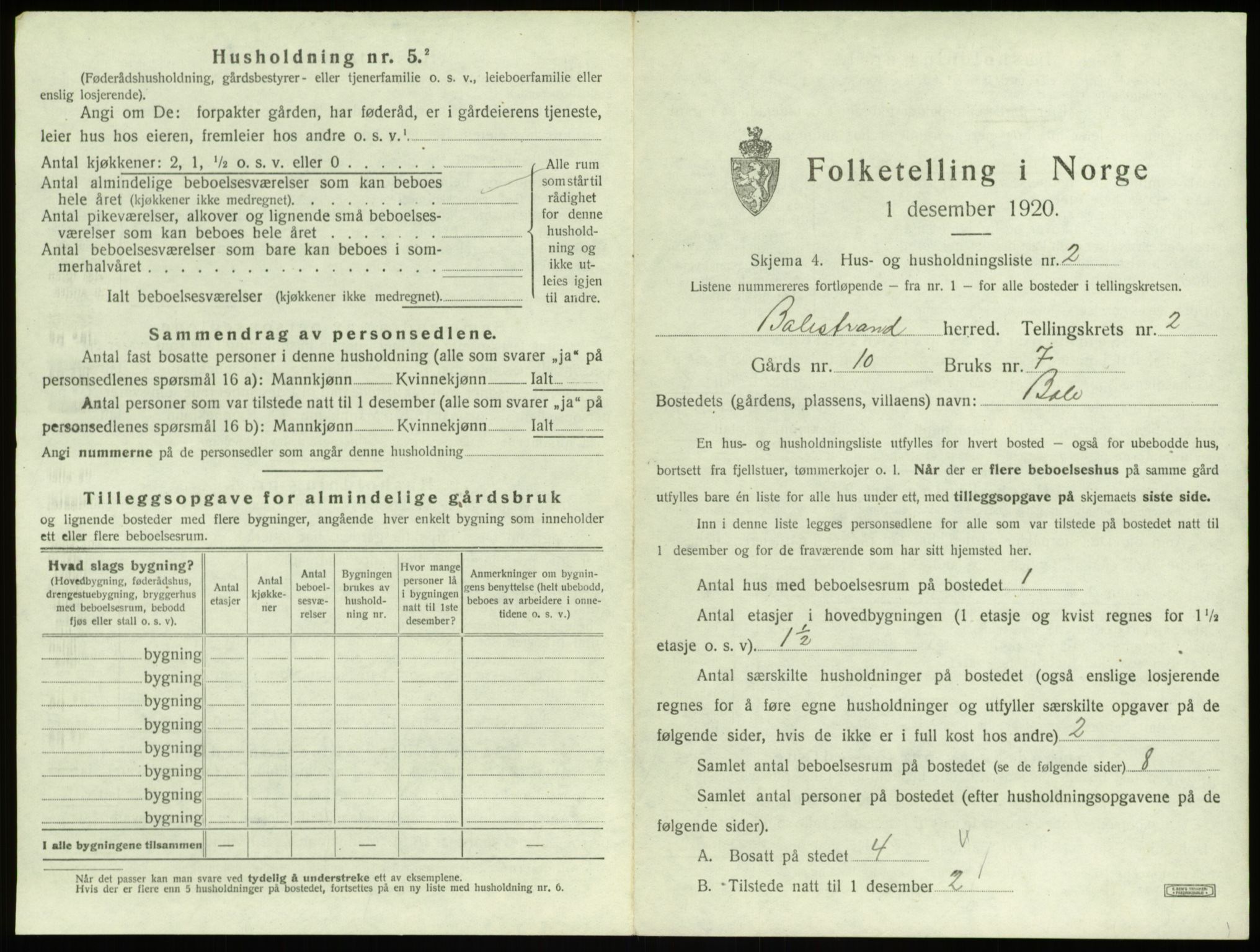 SAB, 1920 census for Balestrand, 1920, p. 136