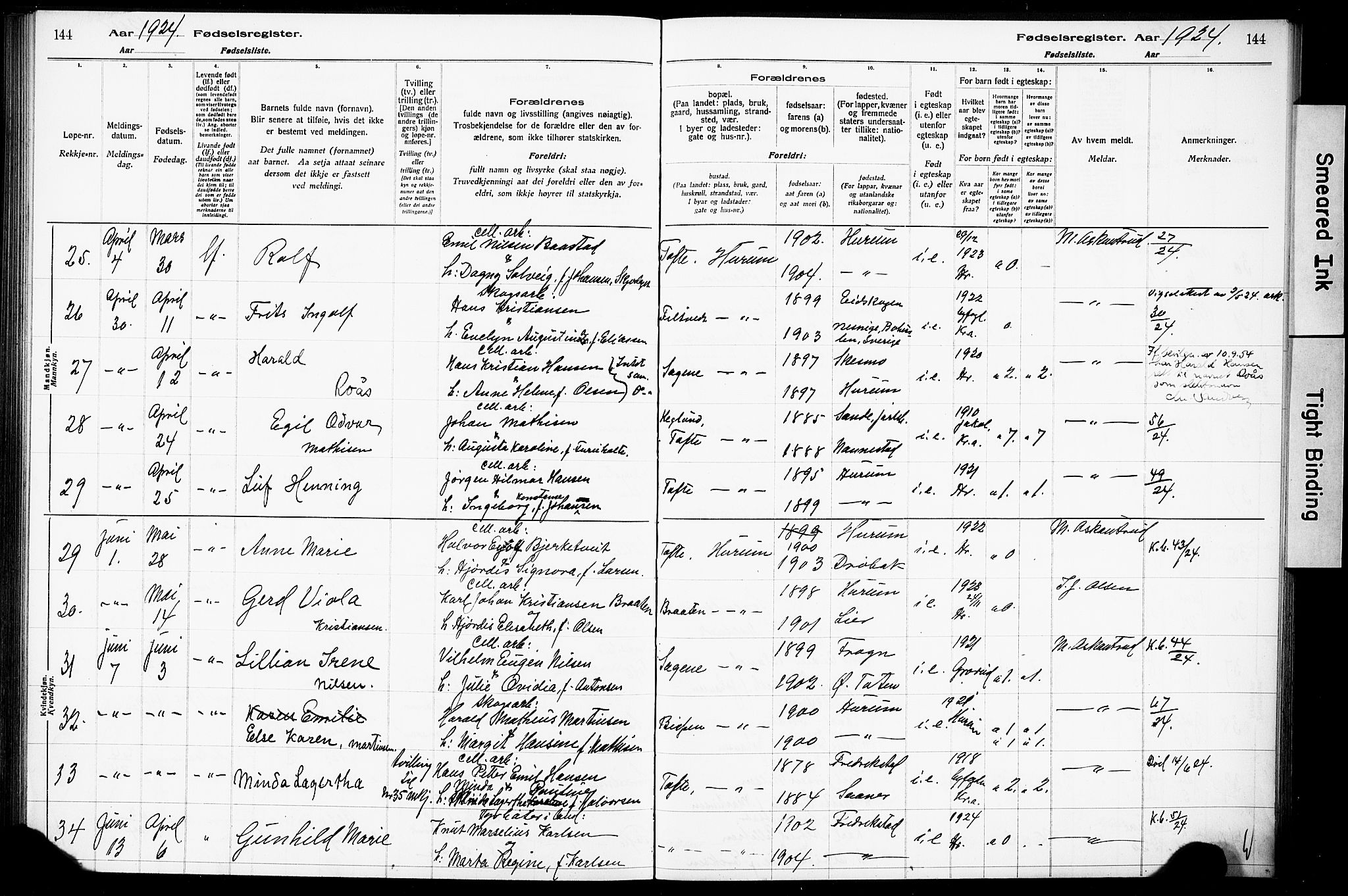 Hurum kirkebøker, SAKO/A-229/J/Ja/L0001: Birth register no. 1, 1916-1928, p. 144