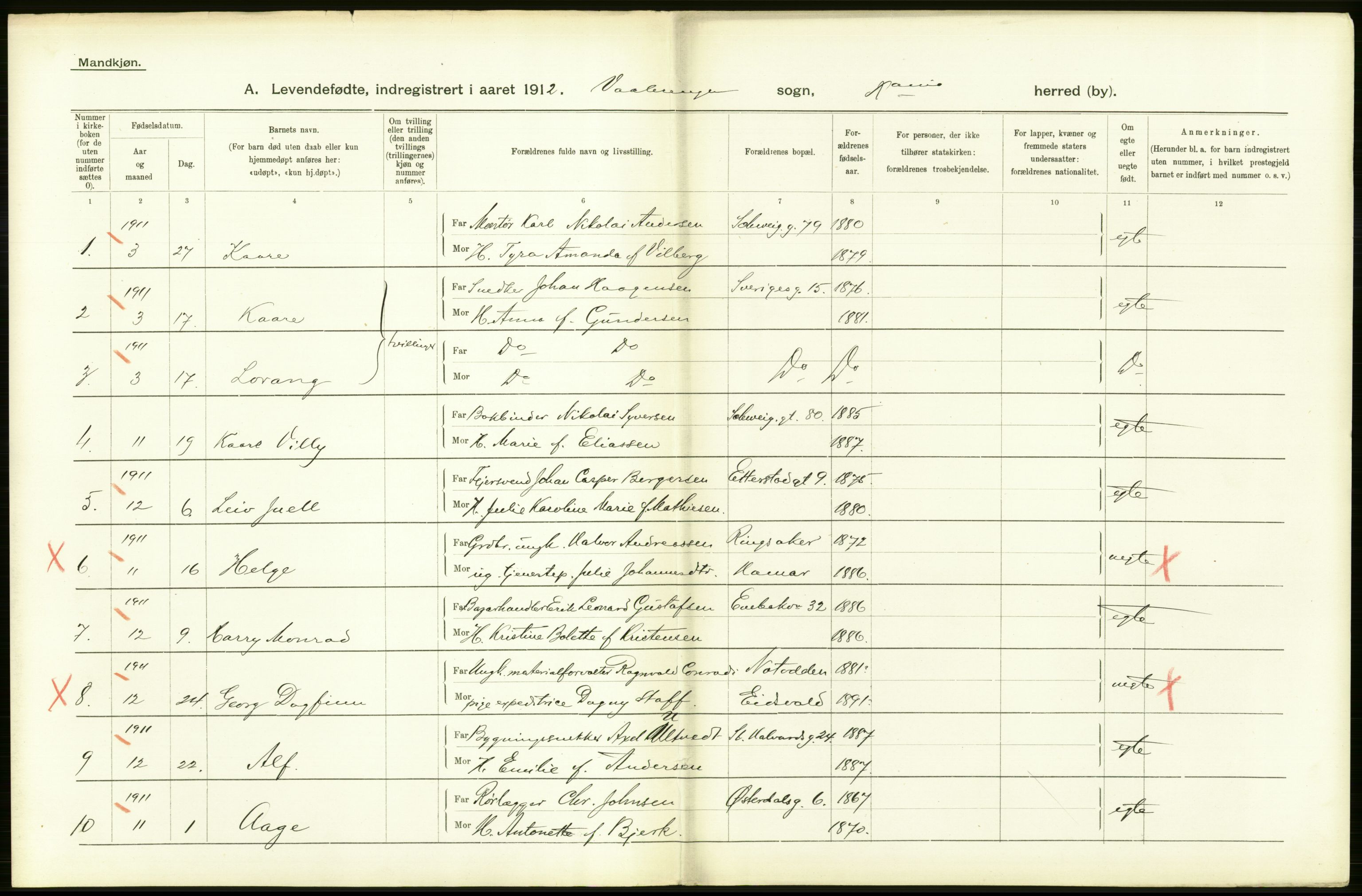 Statistisk sentralbyrå, Sosiodemografiske emner, Befolkning, RA/S-2228/D/Df/Dfb/Dfbb/L0006: Kristiania:  Levendefødte menn og kvinner., 1912, p. 100