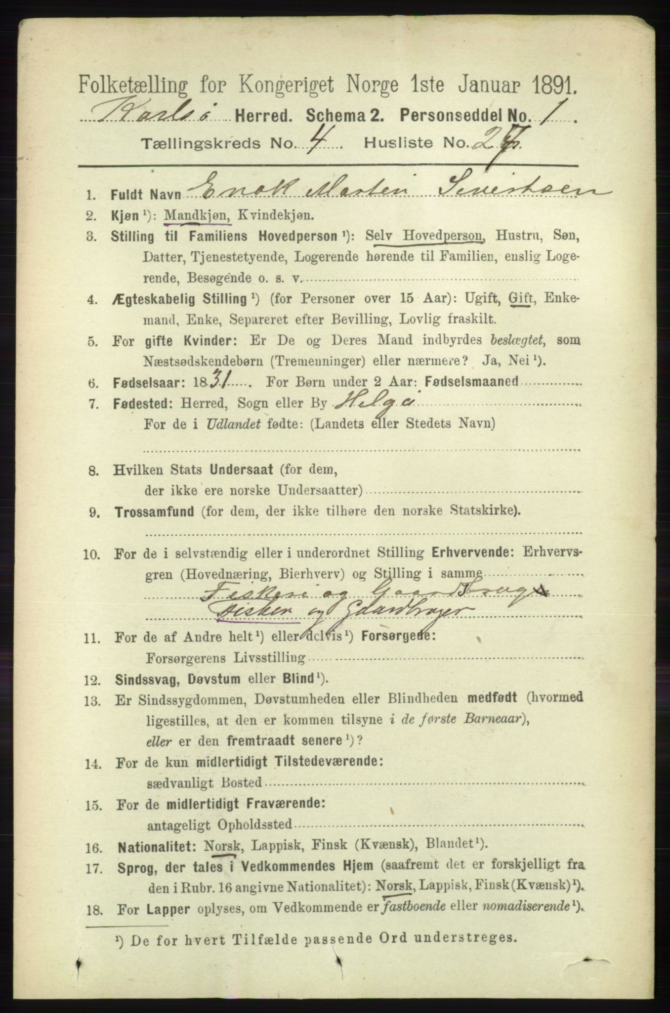 RA, 1891 census for 1936 Karlsøy, 1891, p. 1027