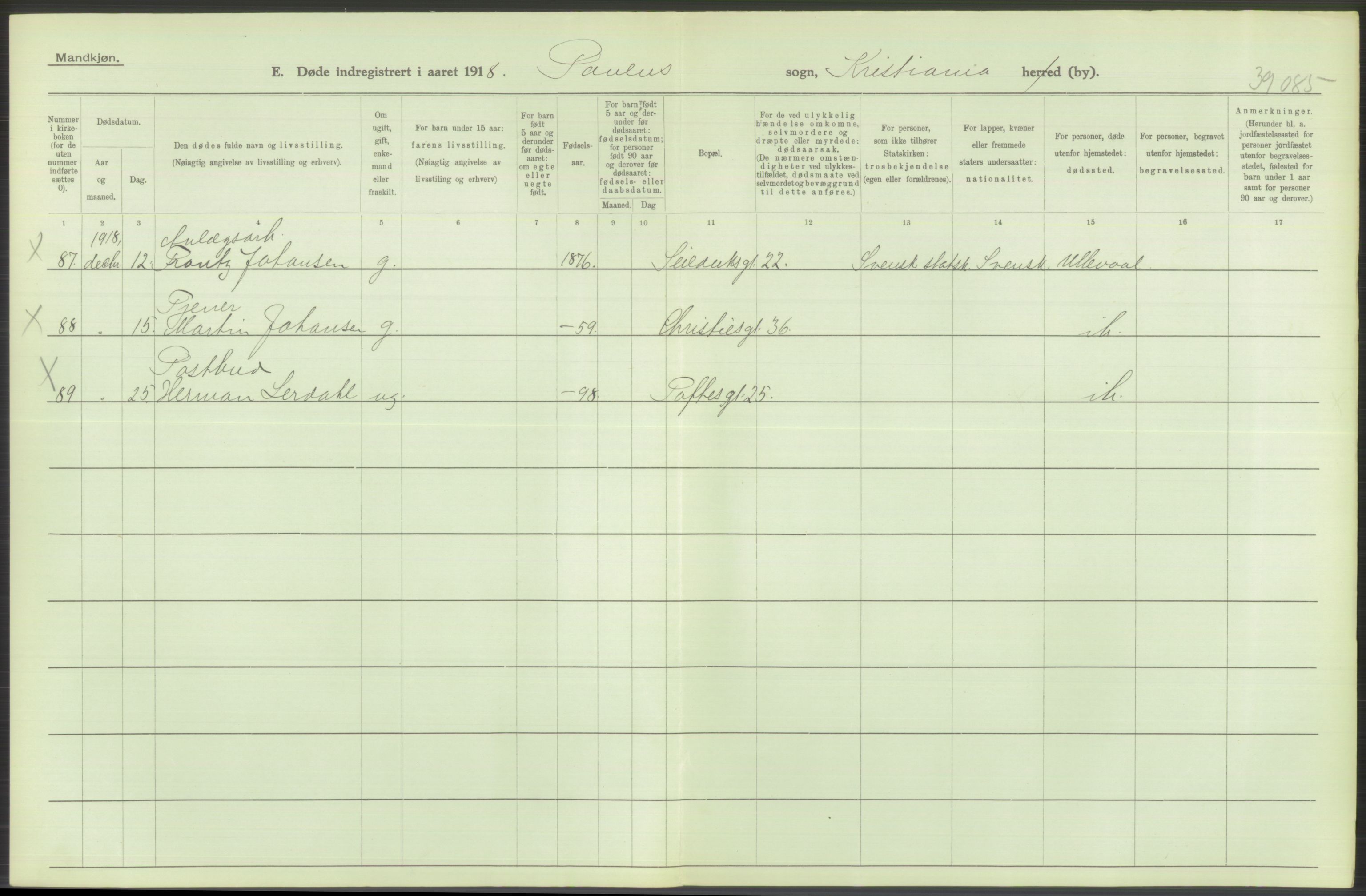 Statistisk sentralbyrå, Sosiodemografiske emner, Befolkning, AV/RA-S-2228/D/Df/Dfb/Dfbh/L0010: Kristiania: Døde, 1918, p. 652