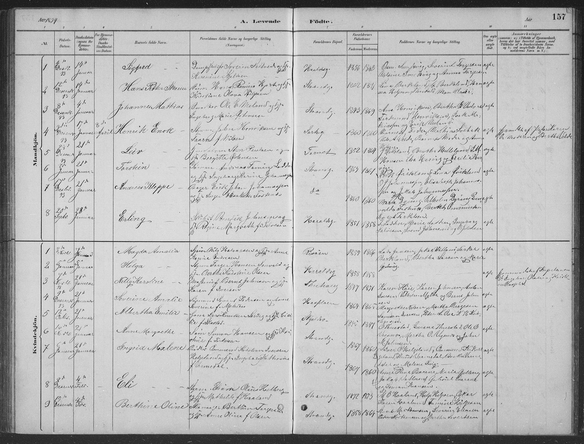 Haugesund sokneprestkontor, SAST/A -101863/H/Ha/Hab/L0002: Parish register (copy) no. B 2, 1881-1894, p. 157