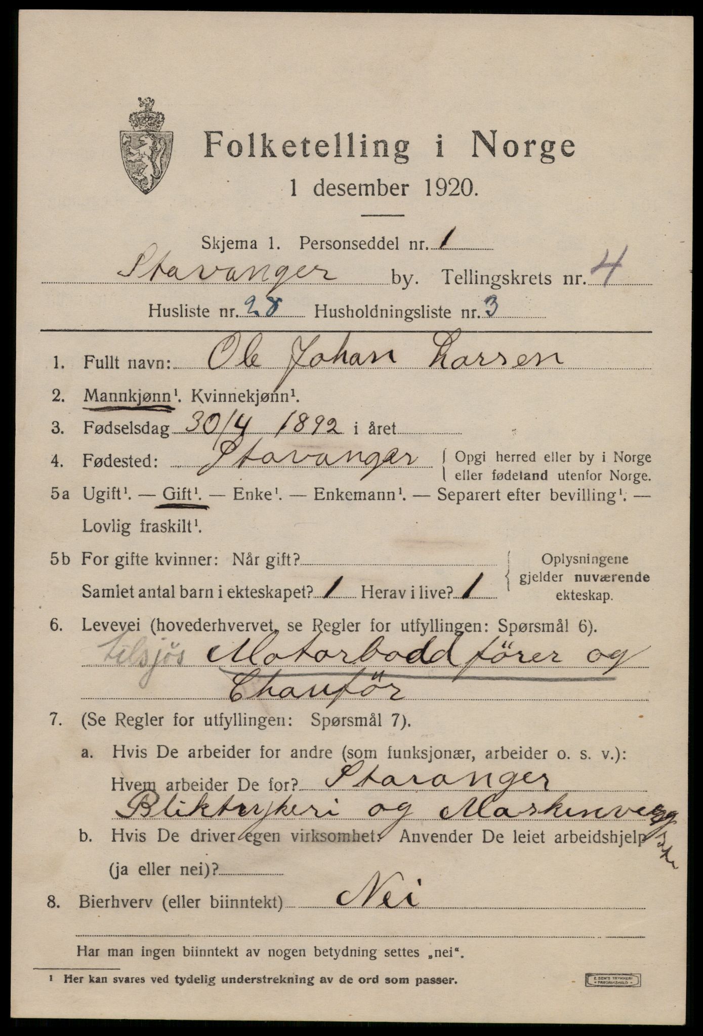 SAST, 1920 census for Stavanger, 1920, p. 37706