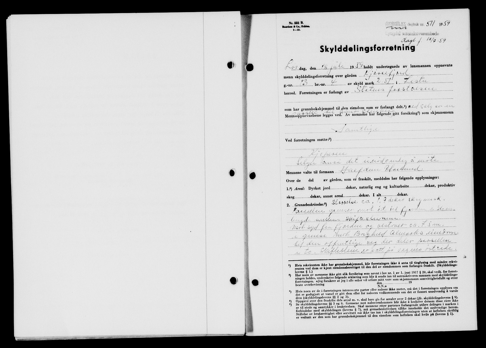 Lyngdal sorenskriveri, AV/SAK-1221-0004/G/Gb/L0678: Mortgage book no. A XXIV, 1958-1959, Diary no: : 511/1959