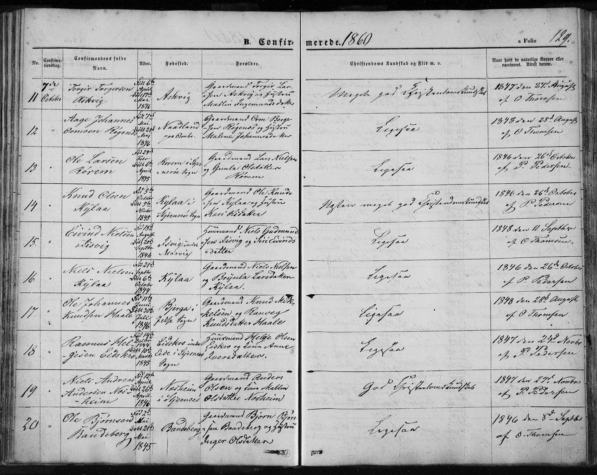 Jelsa sokneprestkontor, AV/SAST-A-101842/01/IV: Parish register (official) no. A 7, 1854-1866, p. 129