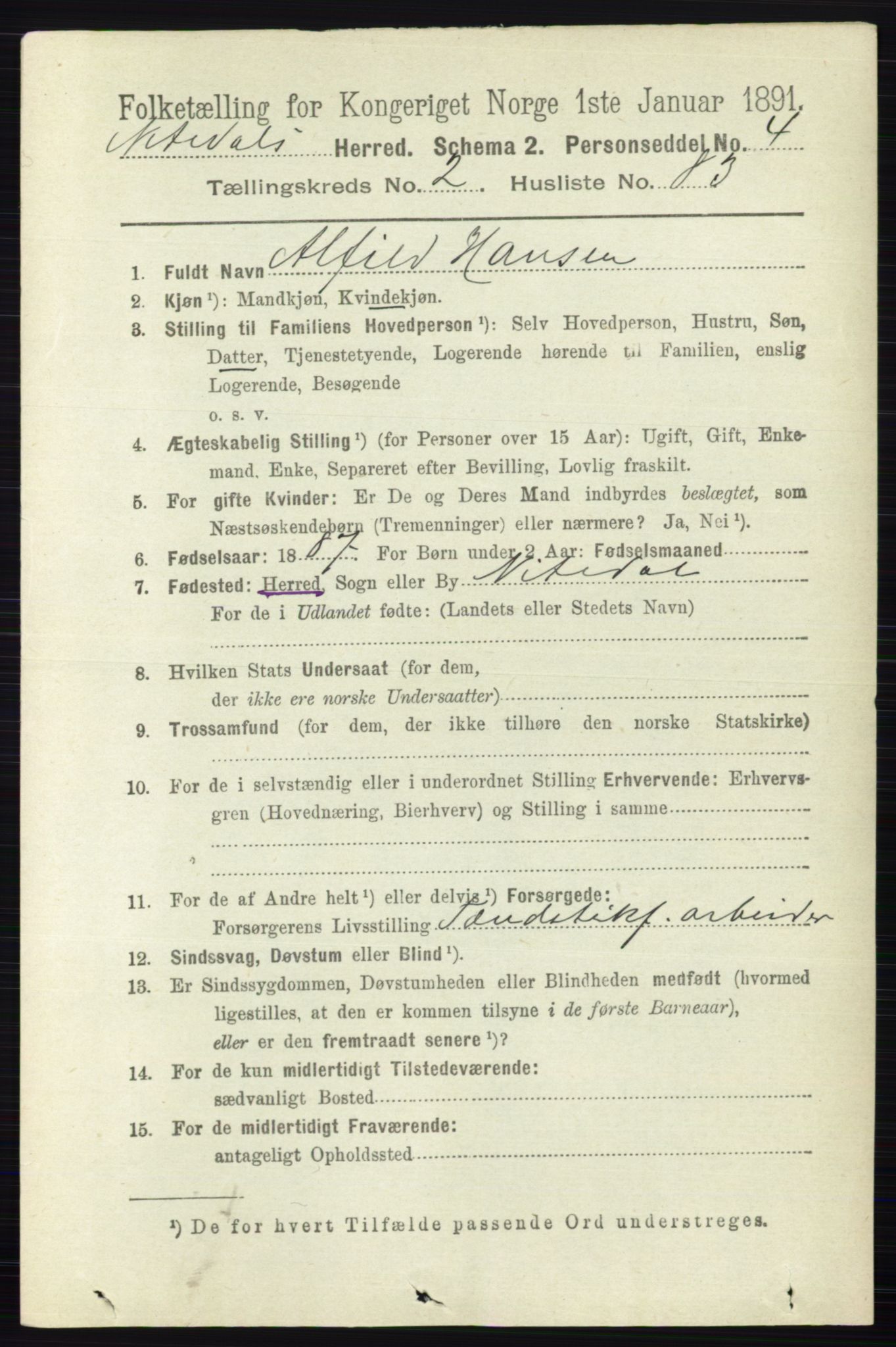 RA, 1891 census for 0233 Nittedal, 1891, p. 1122