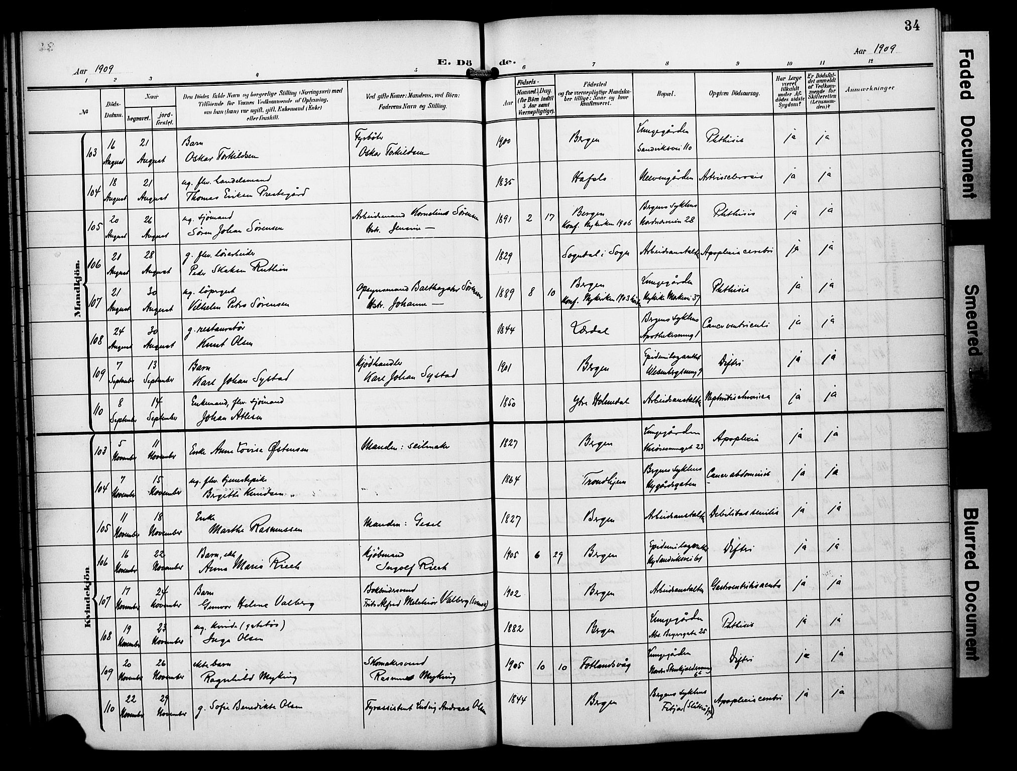 Bergen kommunale pleiehjem - stiftelsespresten, AV/SAB-A-100281: Parish register (official) no. A 6, 1908-1920, p. 34
