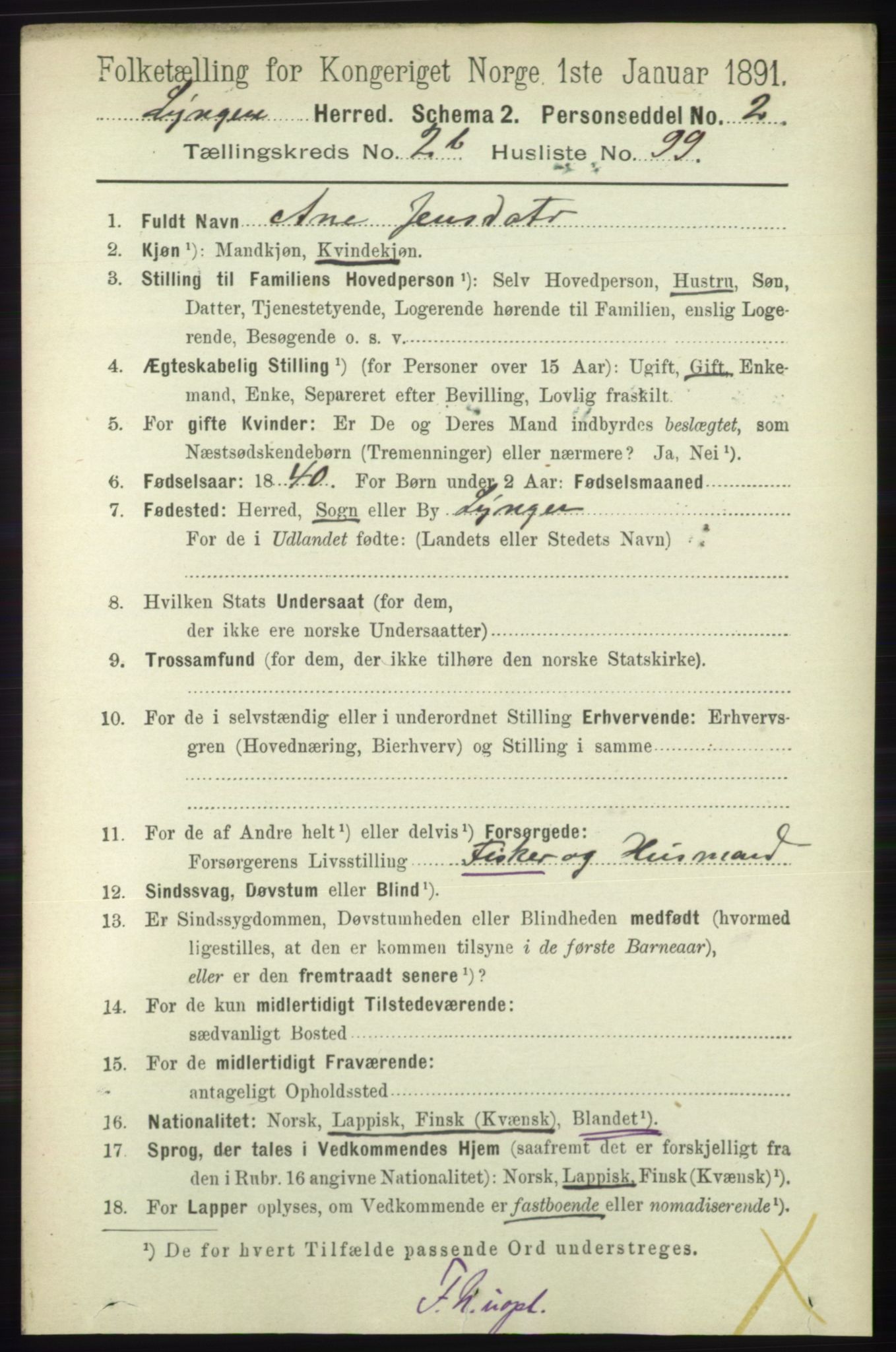 RA, 1891 census for 1938 Lyngen, 1891, p. 3057