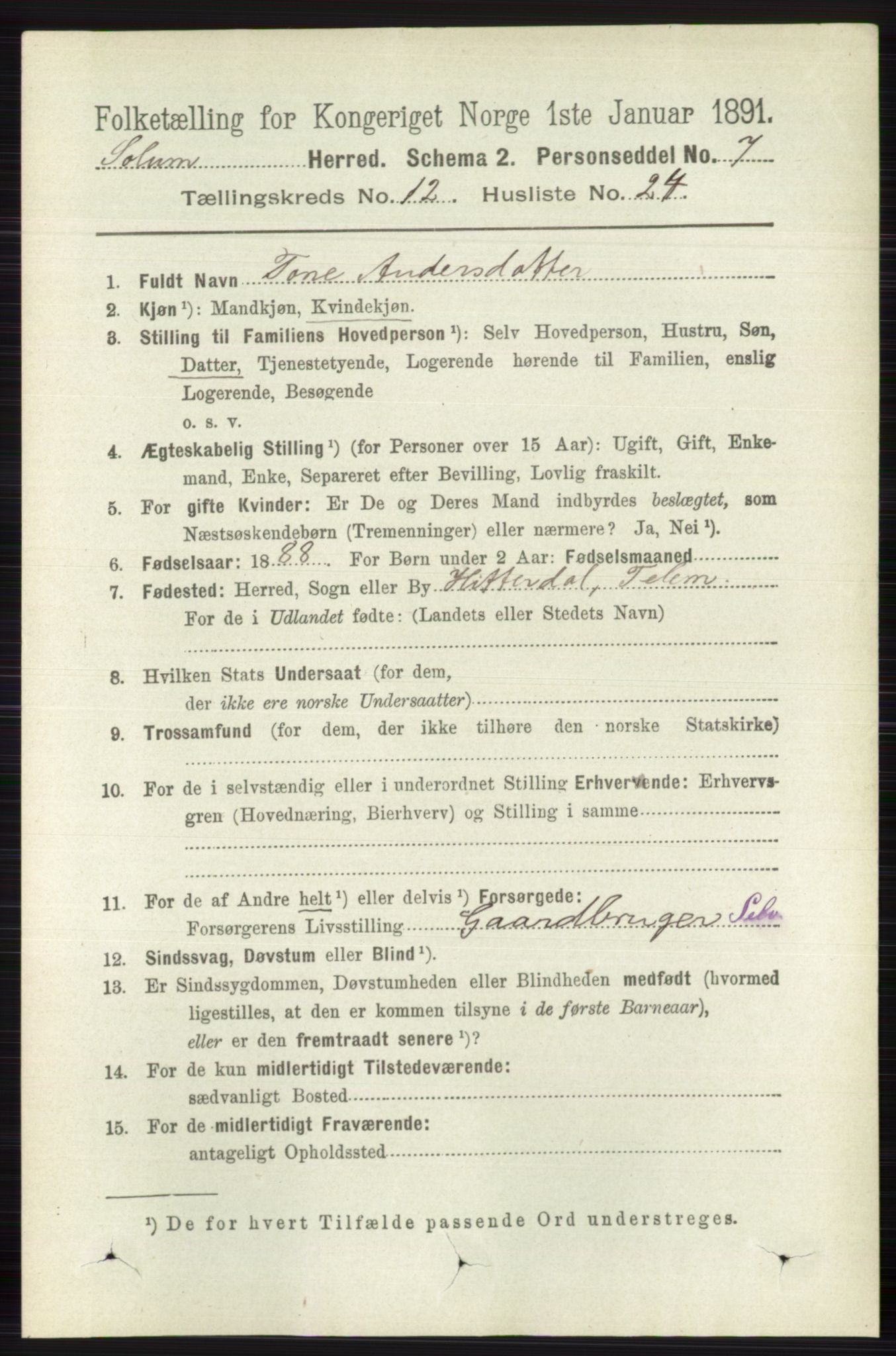 RA, 1891 census for 0818 Solum, 1891, p. 5730