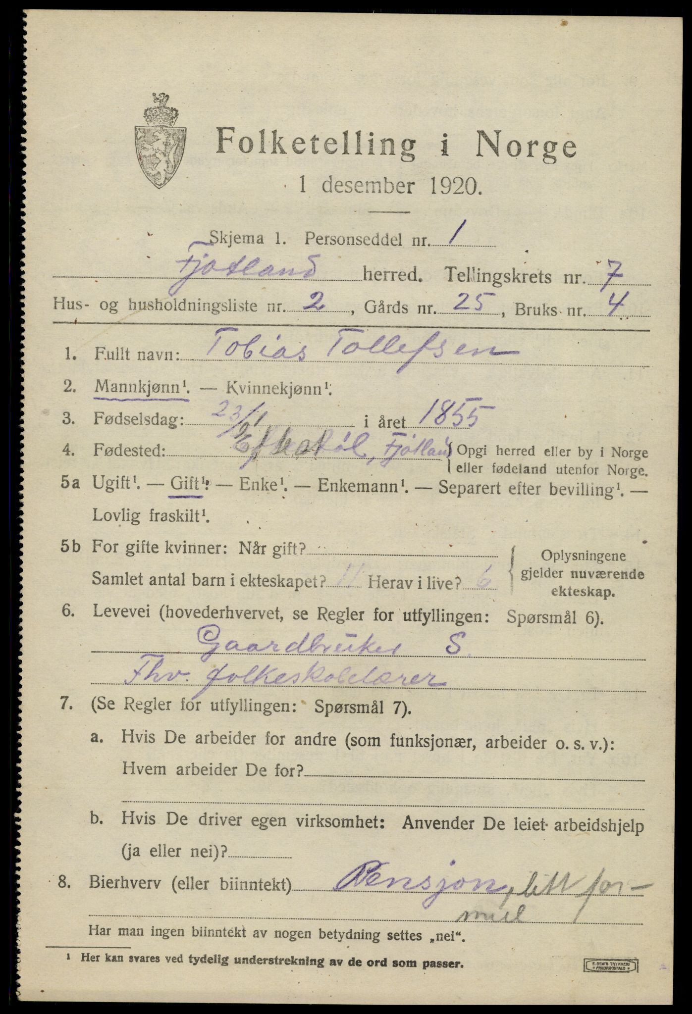 SAK, 1920 census for Fjotland, 1920, p. 1822