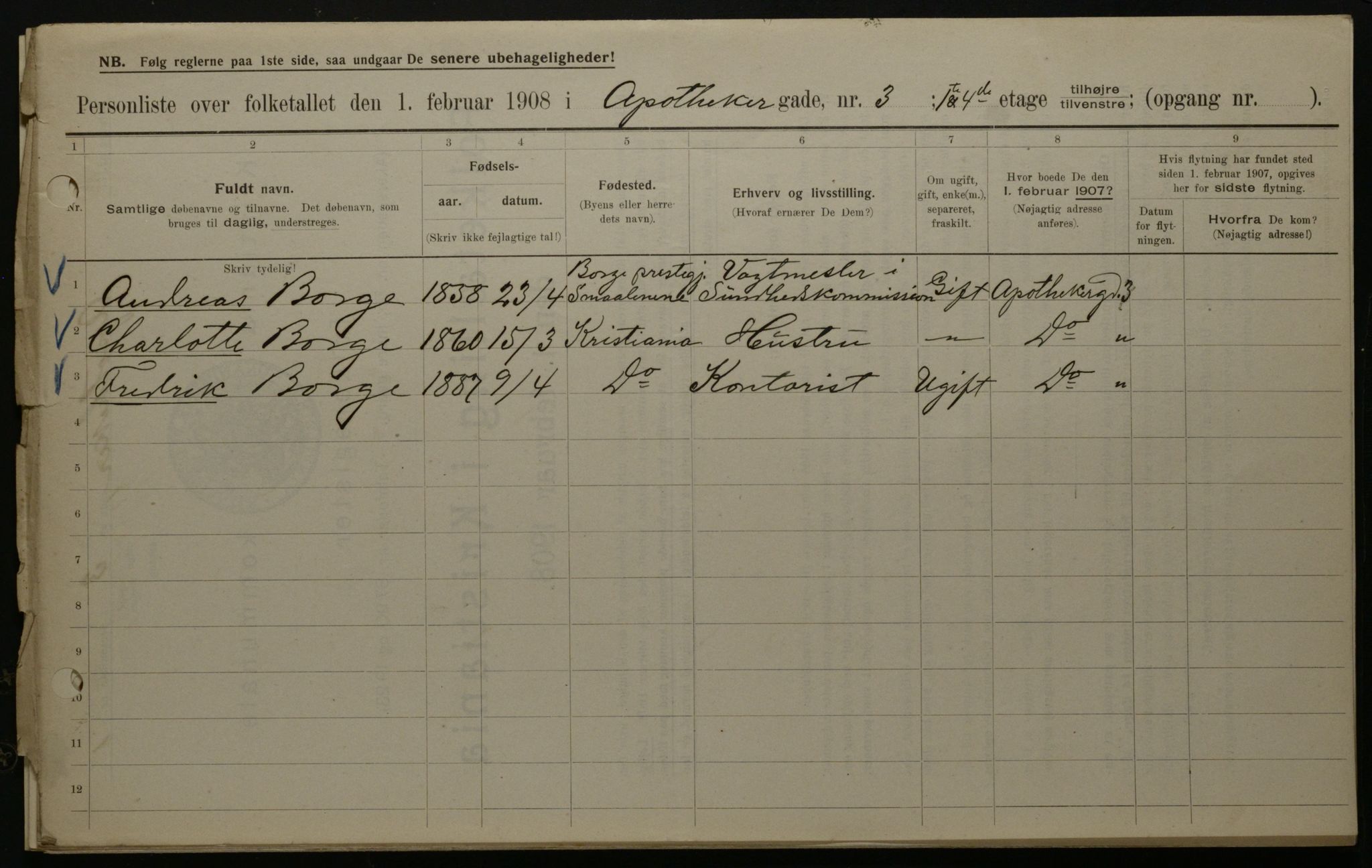 OBA, Municipal Census 1908 for Kristiania, 1908, p. 1578