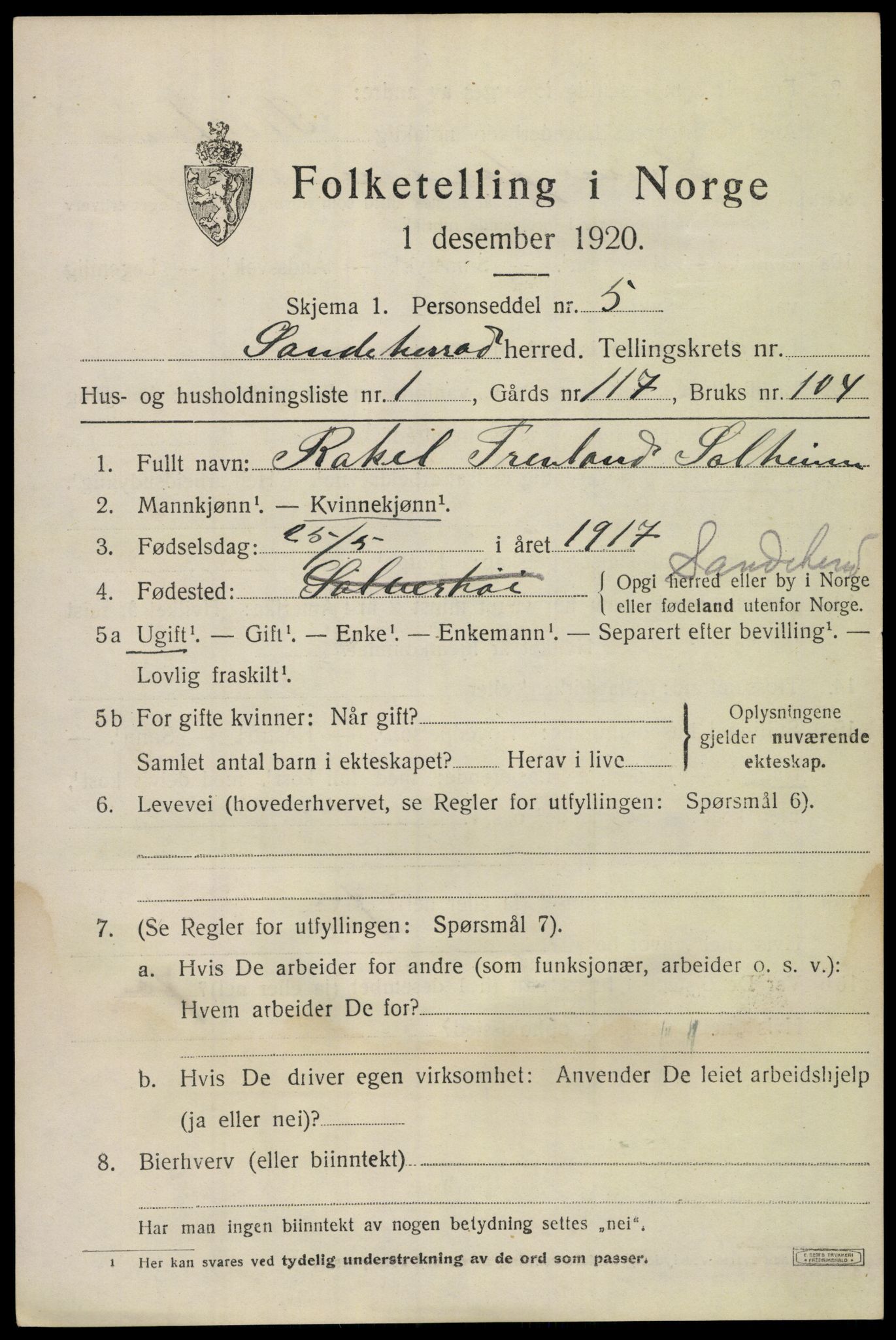 SAKO, 1920 census for Sandeherred, 1920, p. 18096