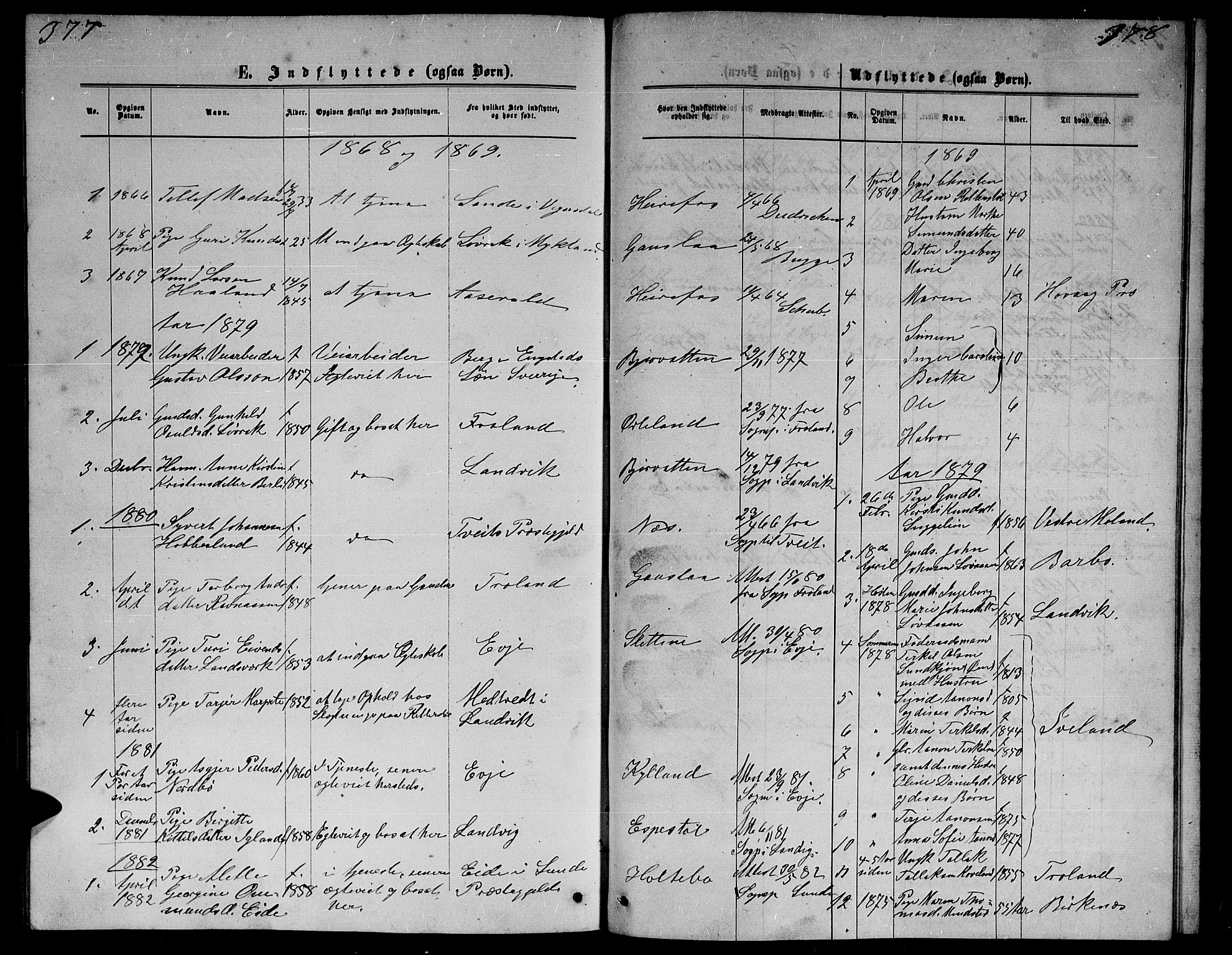Herefoss sokneprestkontor, SAK/1111-0019/F/Fb/Fba/L0002: Parish register (copy) no. B 2, 1868-1886, p. 377-378