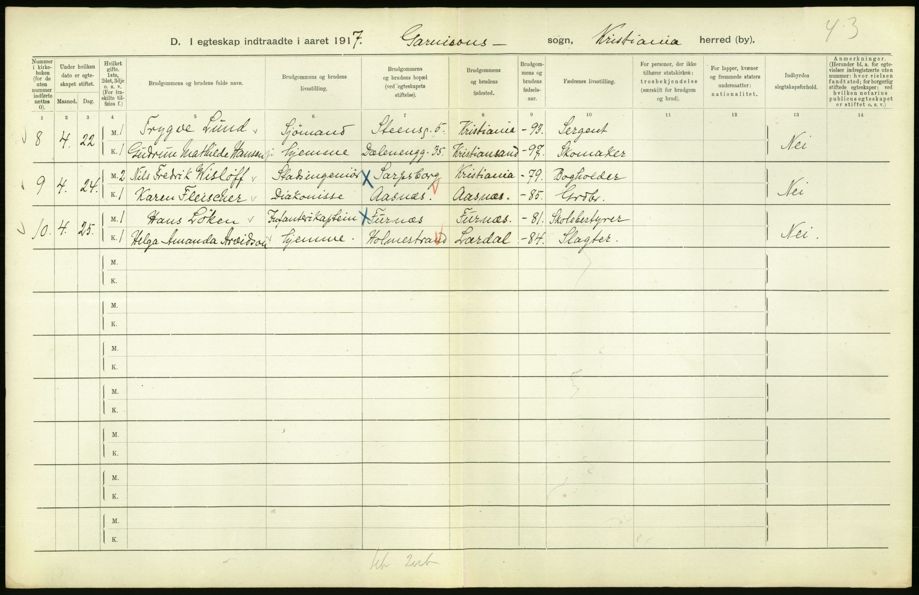 Statistisk sentralbyrå, Sosiodemografiske emner, Befolkning, AV/RA-S-2228/D/Df/Dfb/Dfbg/L0009: Kristiania: Gifte, 1917, p. 296