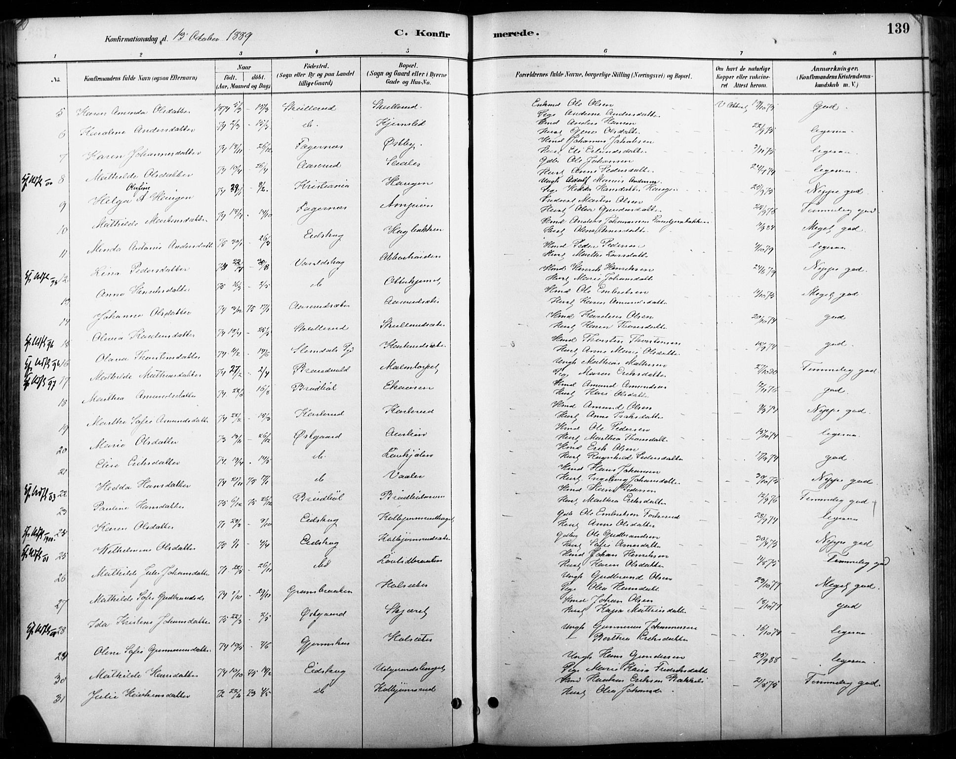 Vinger prestekontor, AV/SAH-PREST-024/H/Ha/Haa/L0015: Parish register (official) no. 15, 1881-1900, p. 139